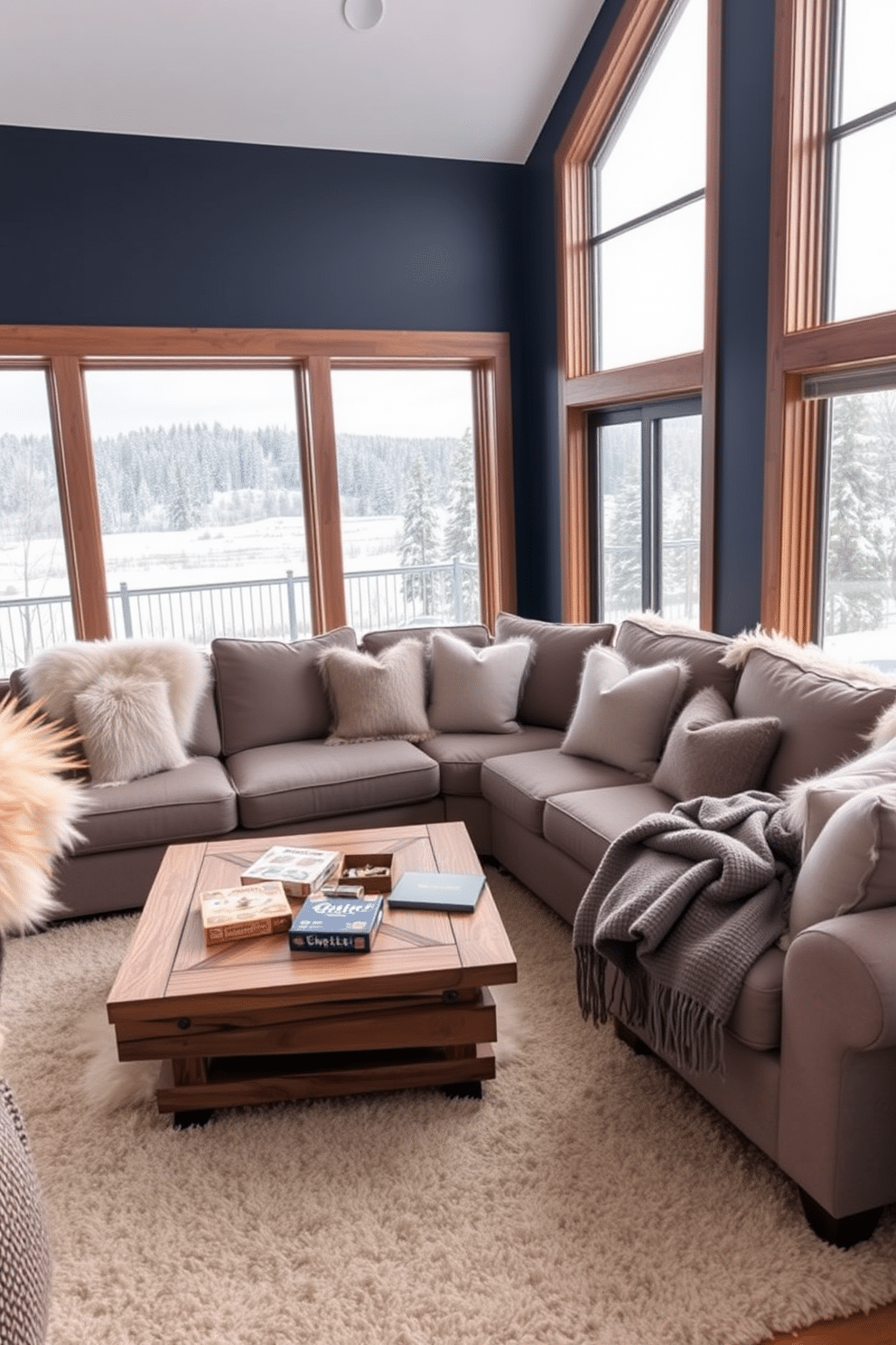 A cozy winter game room featuring a plush sectional sofa adorned with faux fur throws in soft white and gray tones. A rustic wooden coffee table sits in the center, surrounded by several board games and a warm throw blanket draped over the armrest. The walls are painted in a deep navy blue, enhancing the room's inviting atmosphere. Large windows allow natural light to flood in, showcasing a stunning view of a snow-covered landscape outside.