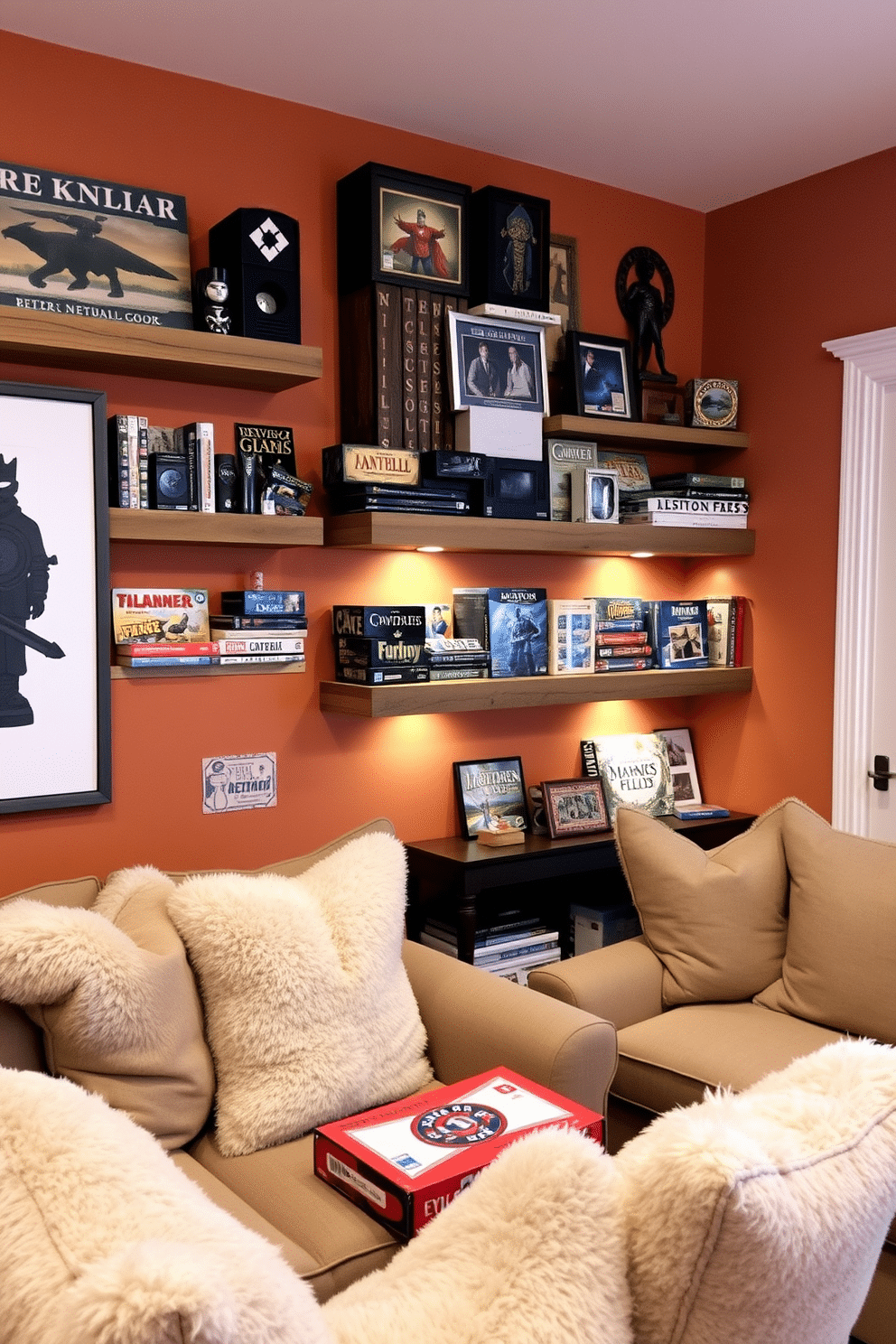 A cozy winter game room featuring wall-mounted shelves that showcase a variety of board games and collectibles. The shelves are made of reclaimed wood, adding a rustic charm to the space, while soft lighting highlights the games. The walls are painted in a warm, inviting color, creating a comfortable atmosphere for gatherings. Plush seating arrangements with oversized cushions invite friends and family to relax and enjoy game nights together.