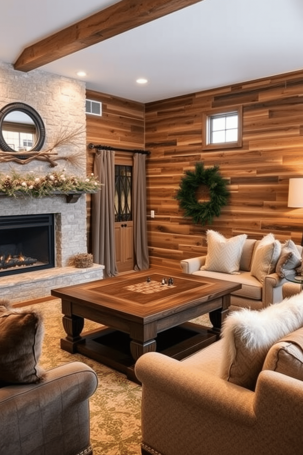 A cozy winter game room featuring nature-inspired decor. Pinecones and branches are artfully arranged on the mantle, complemented by soft, warm lighting. The walls are adorned with rustic wood paneling, evoking a cabin-like atmosphere. Plush seating invites relaxation, while a large table in the center serves as the perfect spot for board games and gatherings.