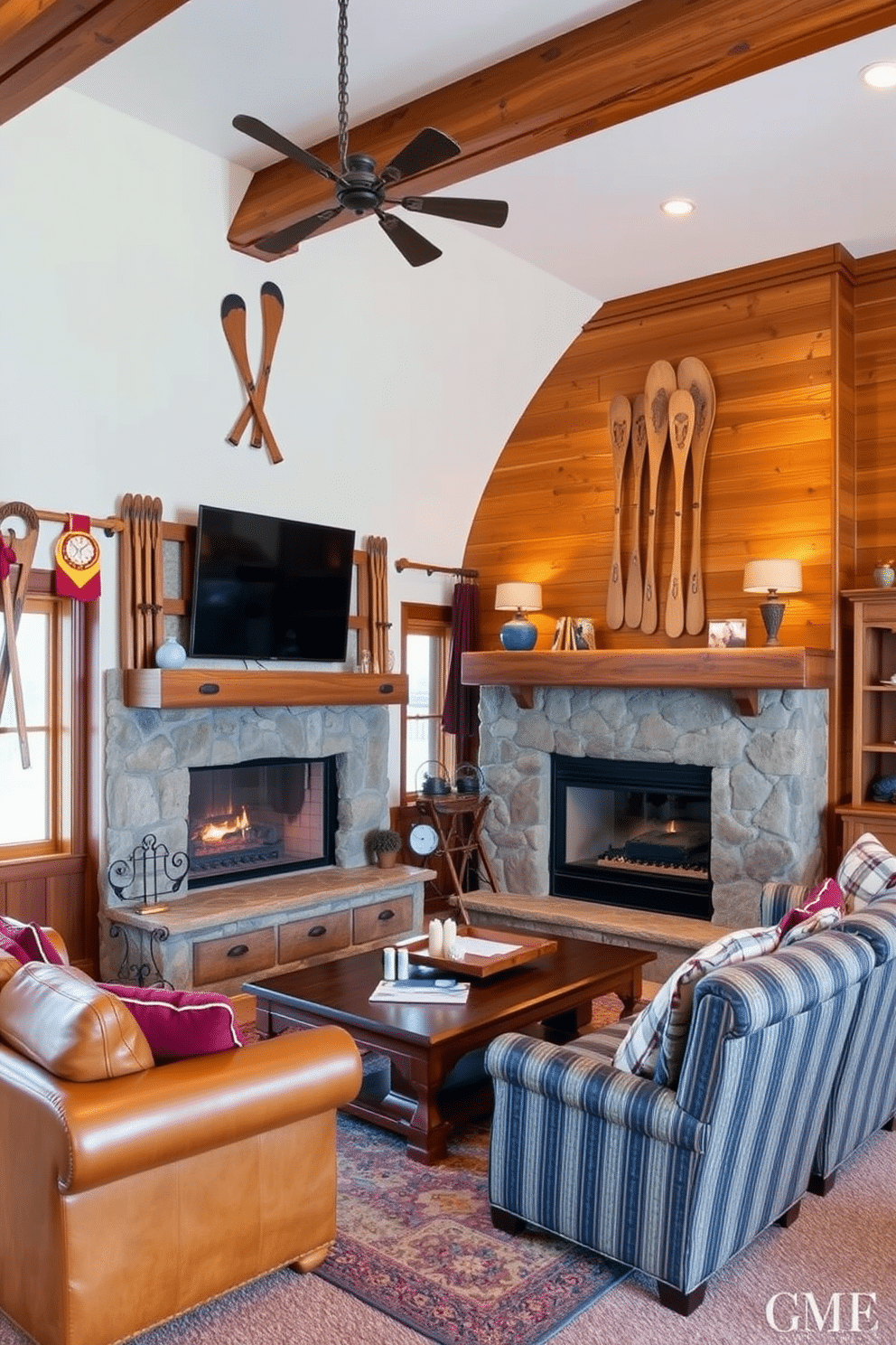 A cozy winter game room featuring vintage skis and snowshoes displayed as wall art. The room is adorned with warm wood paneling and a large stone fireplace, creating an inviting atmosphere for family gatherings.