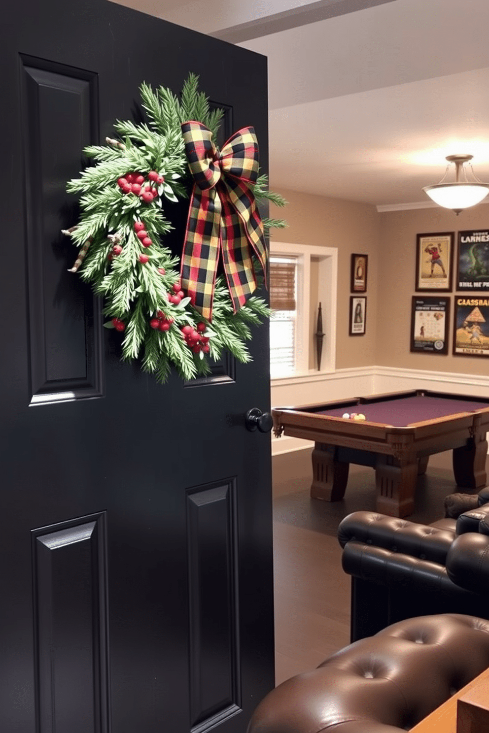 A beautiful front door adorned with a seasonal wreath made of pine branches, red berries, and a large plaid bow. The wreath brings a festive touch to the entrance, inviting guests into a warm and welcoming home. A cozy game room featuring a rustic wooden pool table surrounded by comfortable leather seating. The walls are decorated with framed vintage game posters, and soft lighting creates an inviting atmosphere for entertaining friends and family.