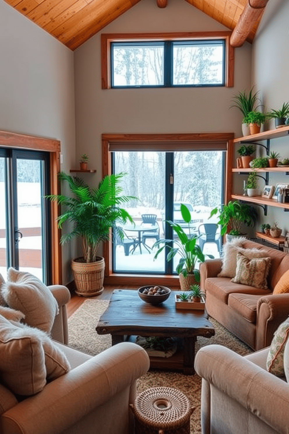 A cozy winter game room filled with warmth and comfort. Plush seating arrangements surround a rustic wooden coffee table, while a large window lets in natural light, showcasing the snowy landscape outside. Indoor plants are strategically placed throughout the room to add a touch of greenery. A tall potted fern stands in one corner, and smaller succulents adorn the shelves, bringing life to the space.