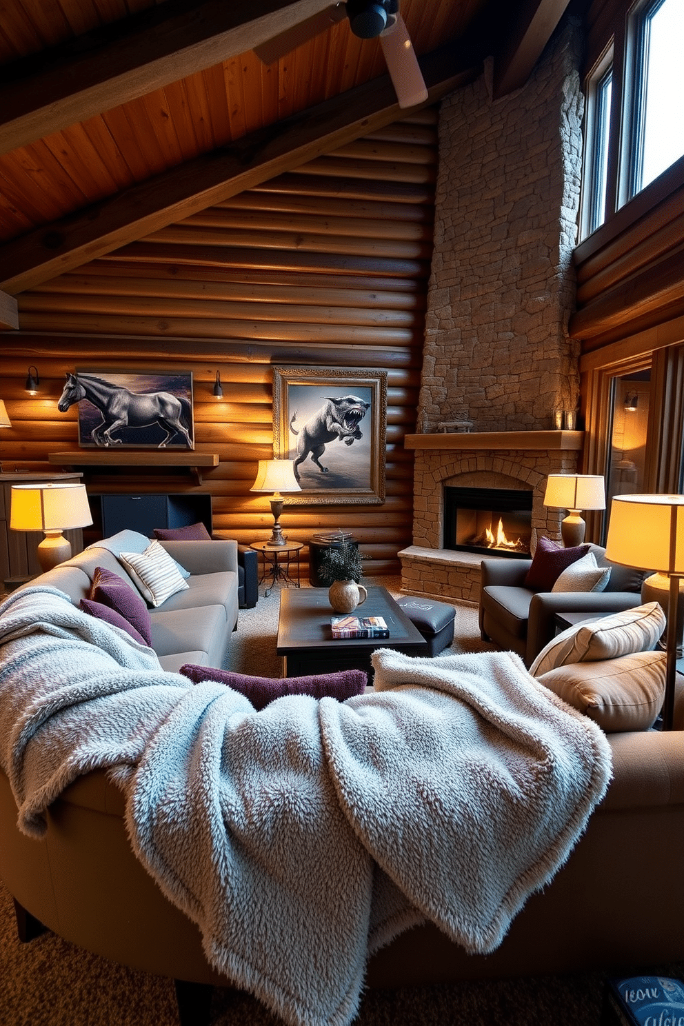 A cozy winter game room features plush blankets draped over a large sectional sofa, inviting relaxation and warmth. The walls are adorned with rustic wood paneling, and a stone fireplace crackles softly in the corner, creating a welcoming atmosphere for gatherings. A large coffee table sits in the center, surrounded by comfortable seating, perfect for game nights. Soft lighting from stylish lamps casts a warm glow, enhancing the inviting vibe of this winter retreat.