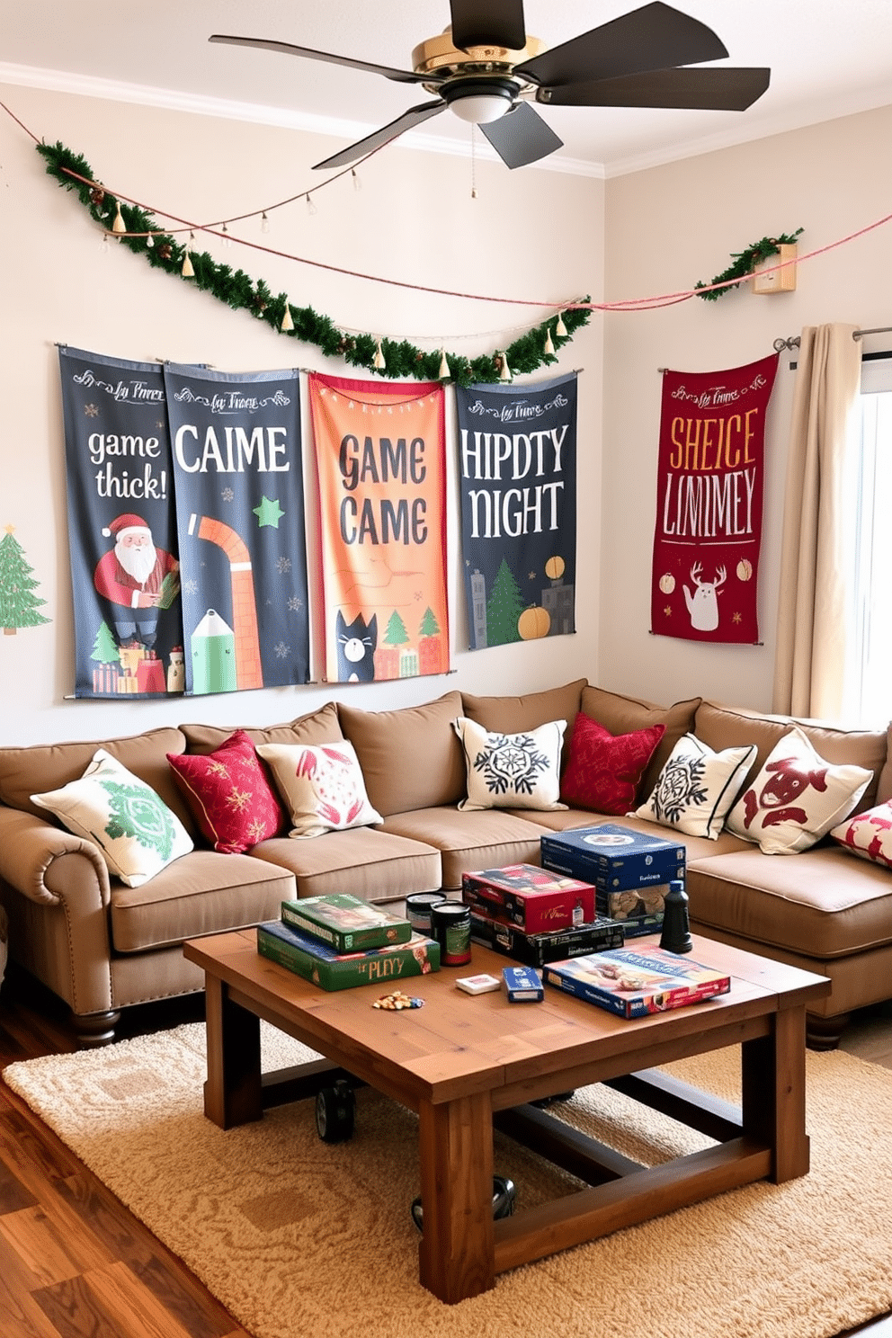 Create a cozy winter game room setting filled with festive game night themed banners. The room features a large, comfortable sectional sofa adorned with colorful throw pillows, and a rustic wooden coffee table stacked with board games and snacks.