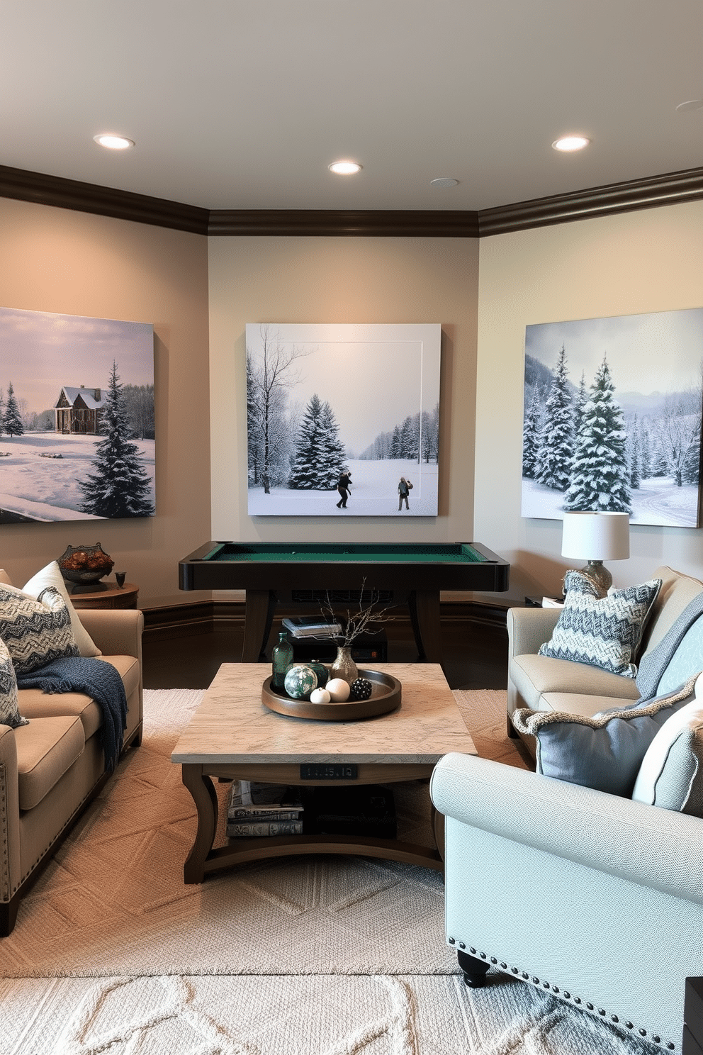 A cozy game room adorned with seasonal winter artwork. The walls showcase large canvases depicting snowy landscapes and holiday scenes, creating a festive atmosphere. Comfortable seating is arranged around a central coffee table, inviting friends and family to gather. Soft throws and pillows in cool tones complement the winter theme, enhancing the room's warmth and charm.