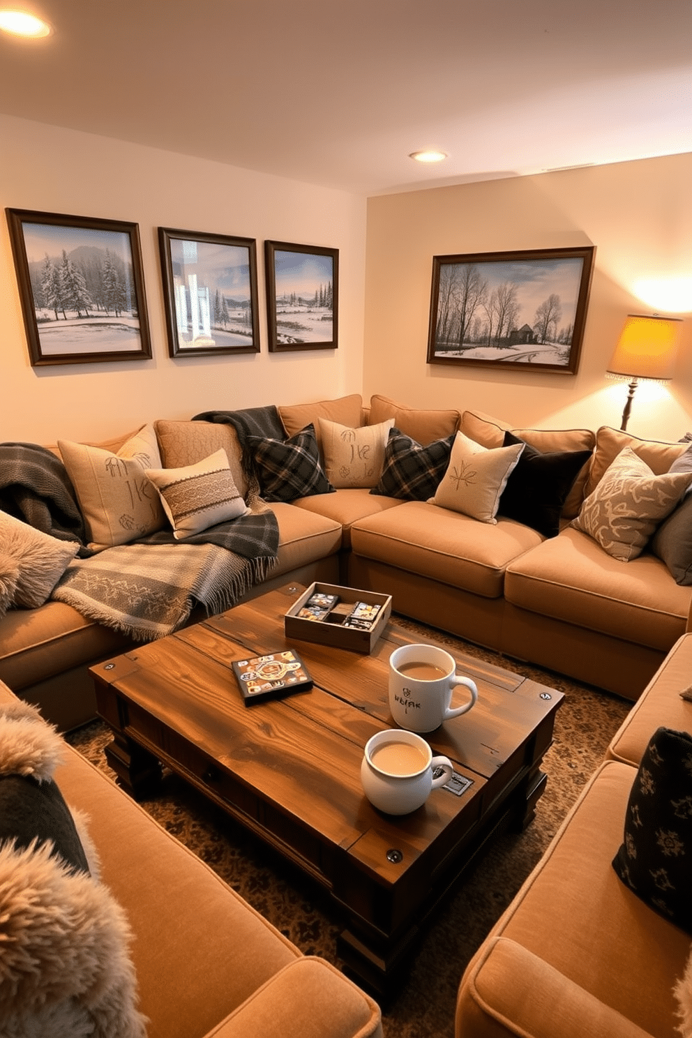 A cozy winter game room features warm ambient lighting that casts a soft glow across the space. The room is filled with plush seating options, including a large sectional sofa adorned with thick blankets and decorative pillows. A rustic wooden coffee table sits at the center, surrounded by a few stylish board games and a steaming mug of hot cocoa. The walls are decorated with framed artwork that reflects winter landscapes, enhancing the inviting atmosphere.