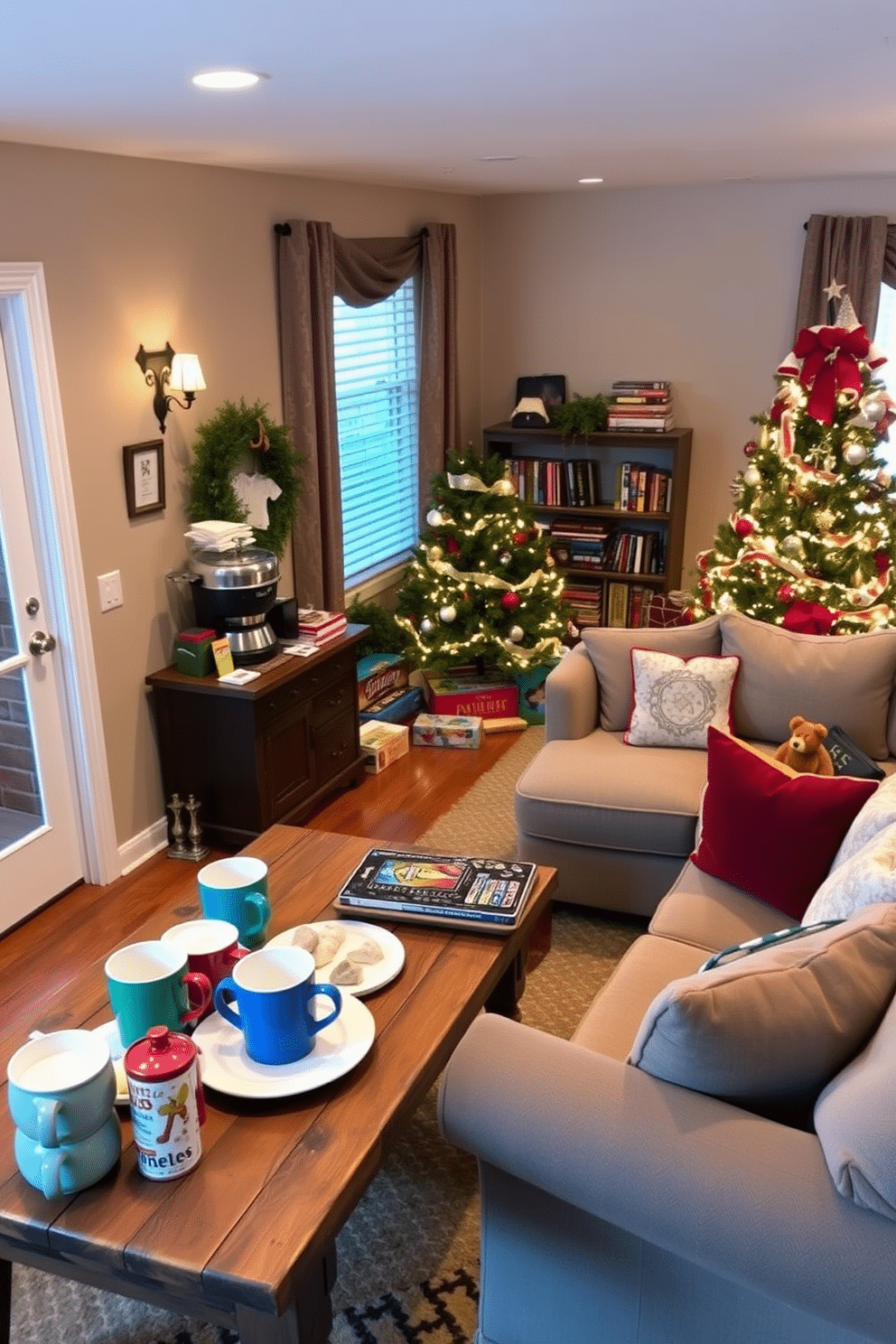 A cozy hot cocoa station is set up in the corner of a warm and inviting room. It features a rustic wooden table adorned with a vintage hot cocoa maker, colorful mugs, and an array of toppings like marshmallows and whipped cream. The winter game room is decorated with festive accents and comfortable seating. A large, plush sectional sofa is surrounded by a collection of board games and a beautifully decorated Christmas tree, creating a perfect space for family gatherings.