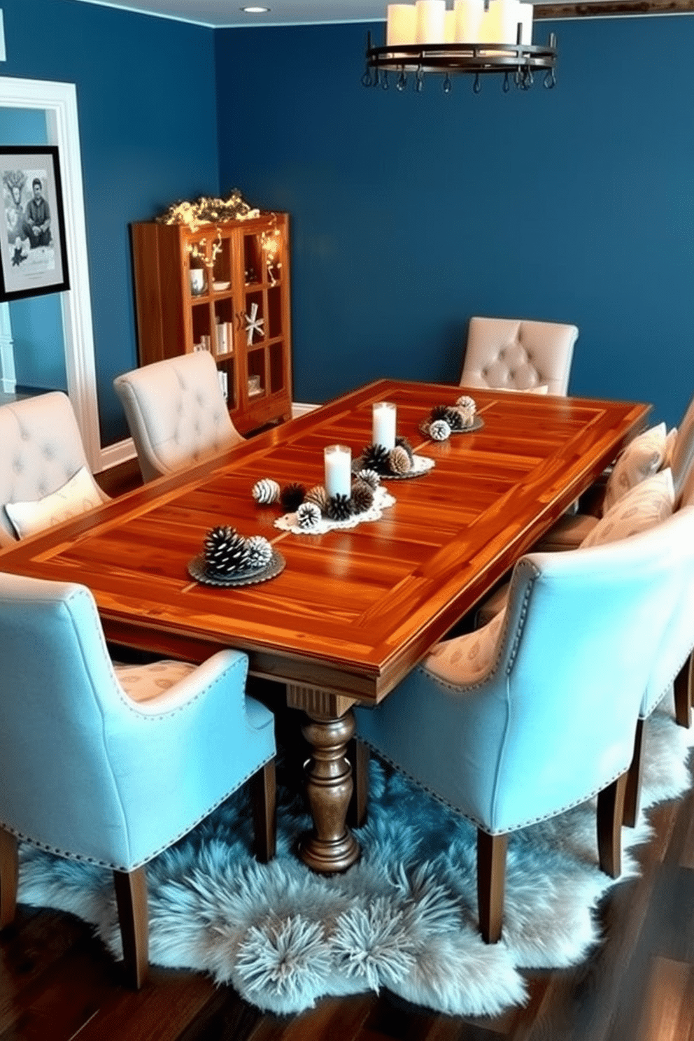 A cozy game room featuring a large wooden game table surrounded by plush upholstered chairs. The table is adorned with winter-themed decor, including pinecone centerpieces and soft white fairy lights. The walls are painted a cool blue, reminiscent of a winter sky, while a faux fur rug adds warmth underfoot. Snowflake-patterned throw pillows are scattered across the seating area, enhancing the seasonal atmosphere.