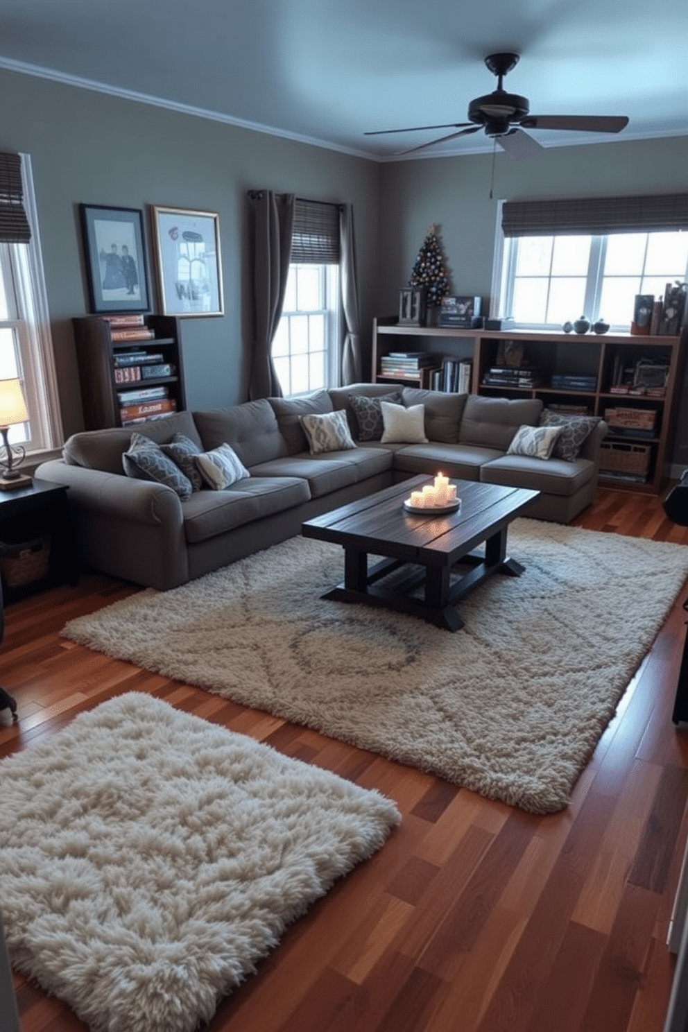 A cozy winter game room features plush soft area rugs layered over hardwood flooring to provide warmth and comfort. The room is adorned with a large sectional sofa, a rustic coffee table, and a selection of board games neatly arranged on shelves.