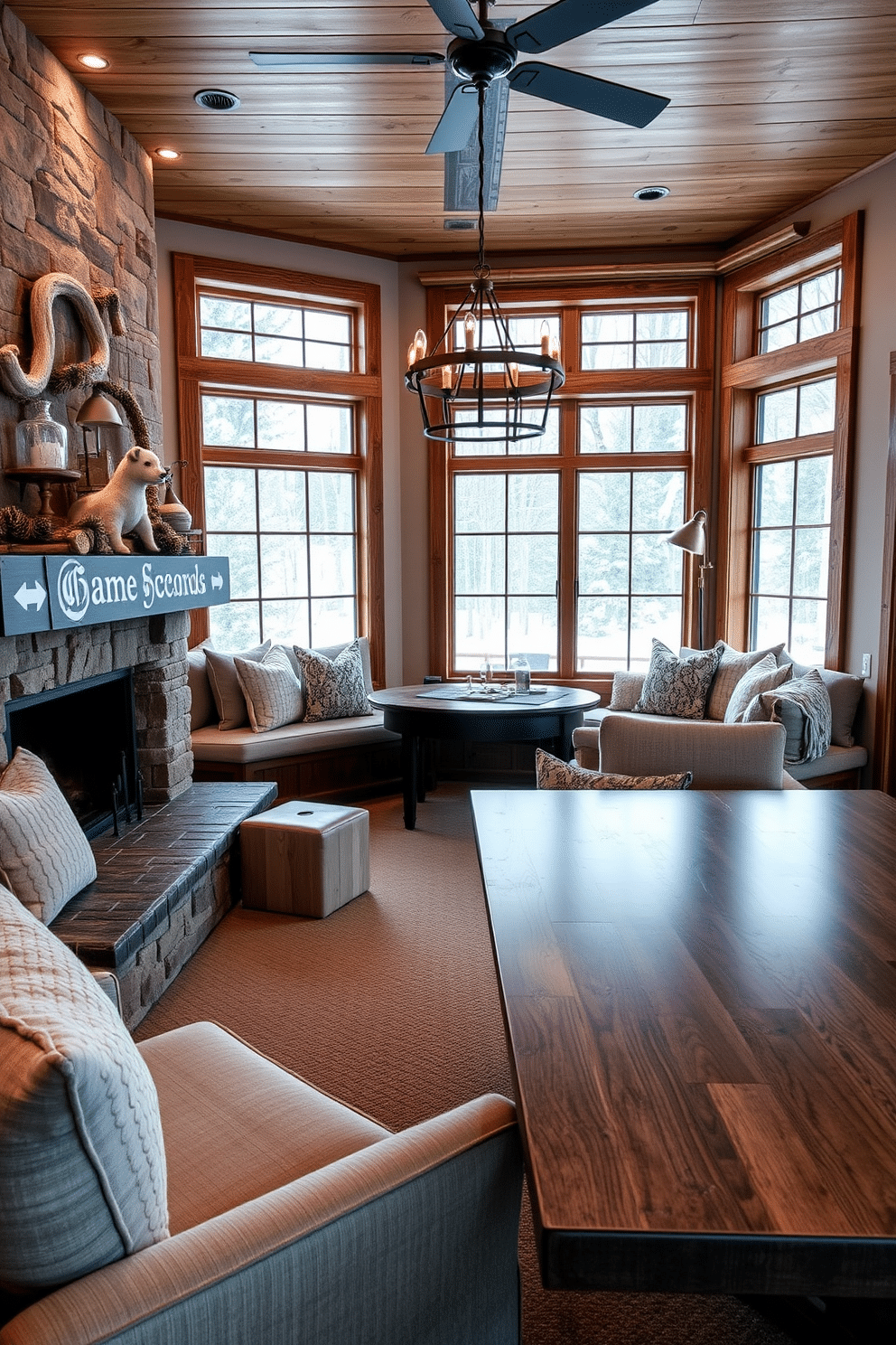 A cozy winter game room features pillowed window seats that invite relaxation and warmth. Soft, textured cushions in muted colors line the seats, creating a perfect nook for enjoying the snowy view outside. The room is adorned with rustic wooden accents and a large, inviting fireplace that serves as the focal point. A stylish game table is set up nearby, surrounded by comfortable chairs, making it ideal for gathering with friends and family.