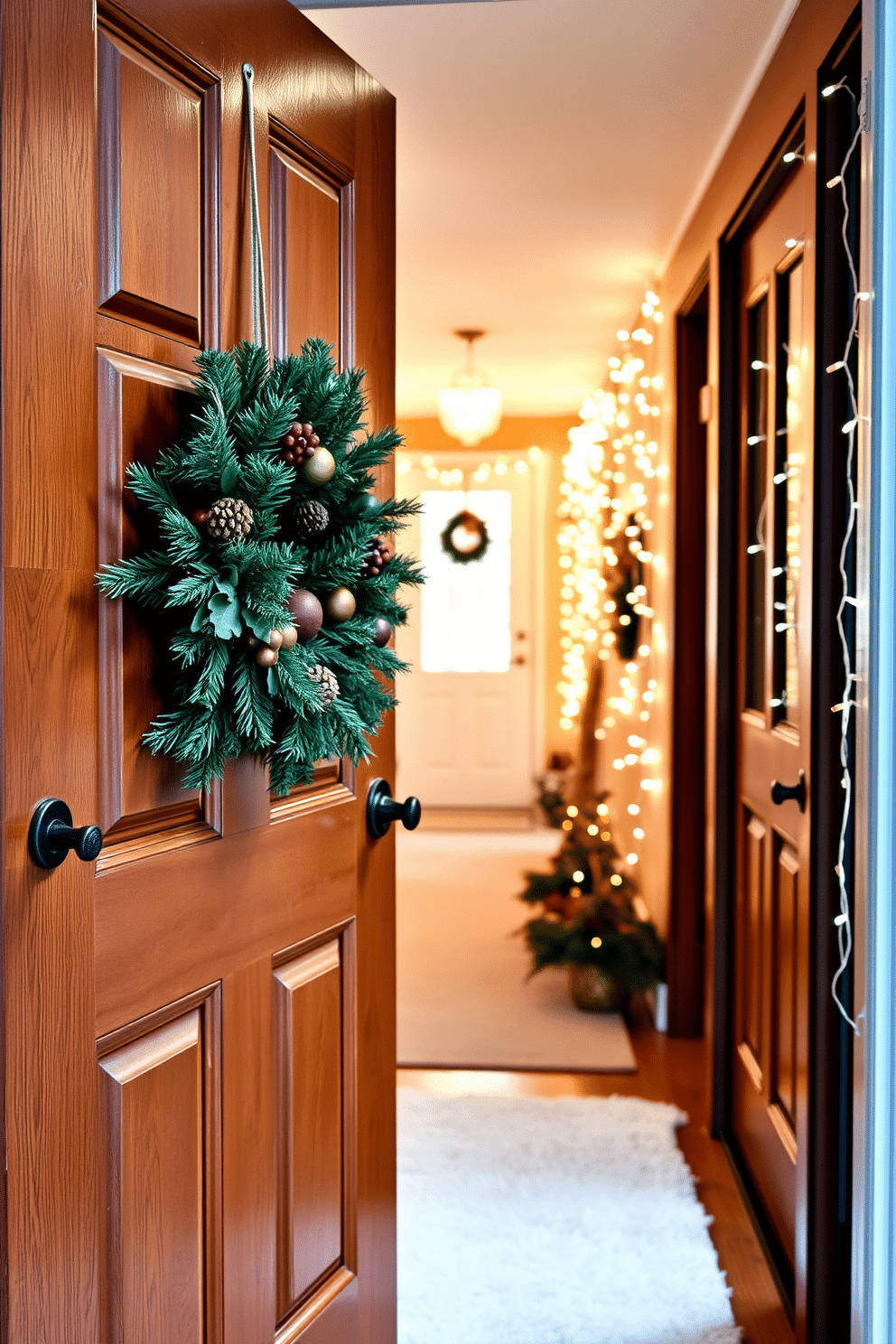 A winter-themed wreath adorns the front door, crafted from evergreen branches and accented with pinecones and berries. The wreath adds a festive touch to the entrance, inviting warmth and cheer into the home. Inside, the hallway is decorated with twinkling fairy lights draped along the walls, creating a cozy atmosphere. A plush runner rug in soft white runs the length of the hallway, adding comfort and style to the winter decor.