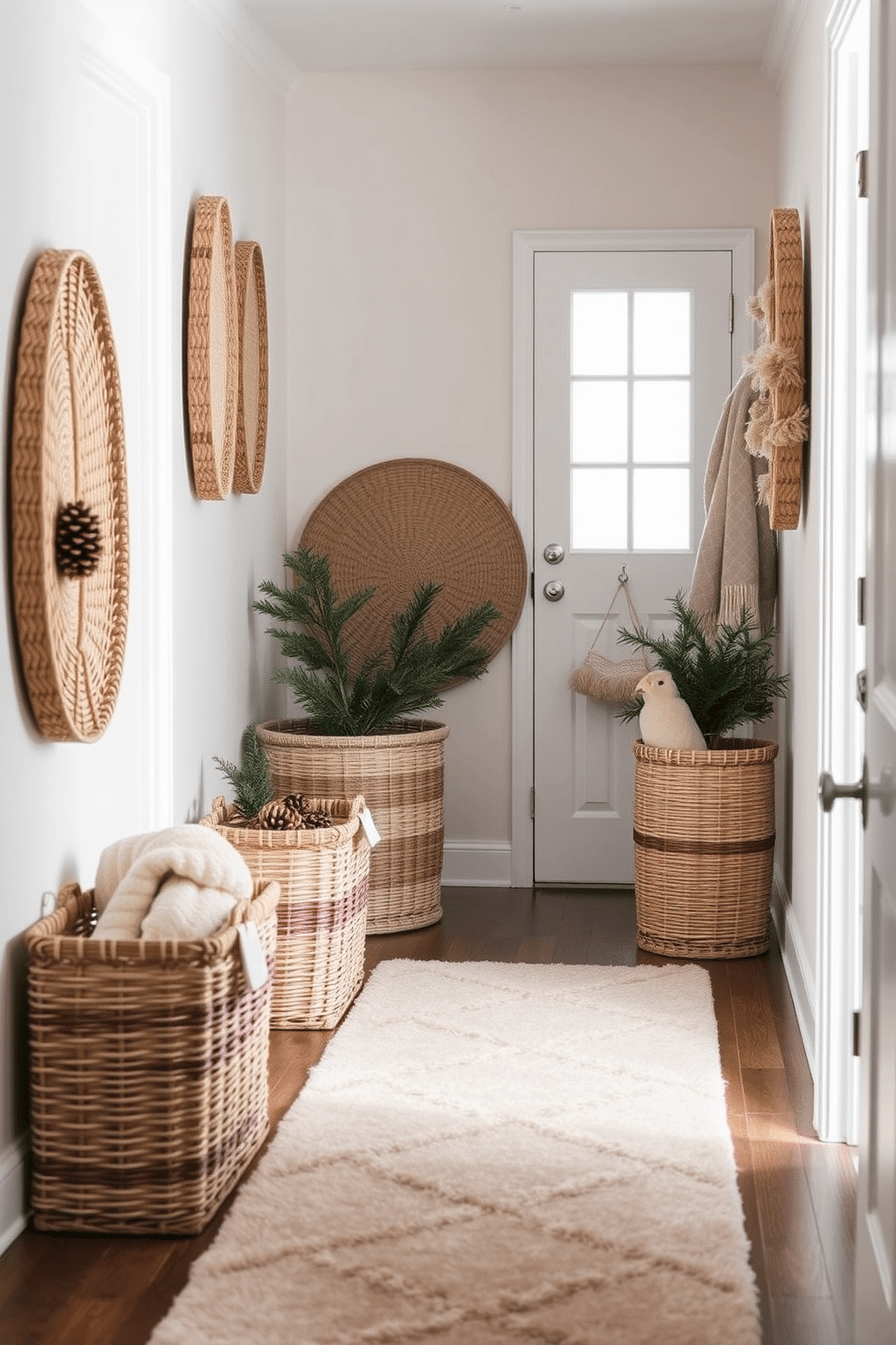 A cozy winter hallway is adorned with decorative baskets that provide stylish storage solutions. The baskets are woven from natural fibers and come in varying sizes, adding texture and warmth to the space. Soft, neutral tones dominate the hallway, complemented by seasonal decor such as pinecones and evergreen sprigs placed within the baskets. A plush runner rug in muted colors lines the floor, inviting guests into the welcoming atmosphere.