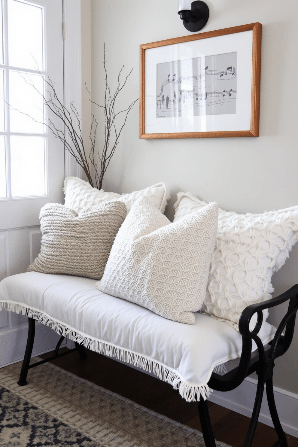 Layered pillows in soft fabrics create a cozy and inviting atmosphere in a winter hallway. The pillows feature various textures and shades of cream, gray, and pale blue, arranged artfully on a stylish bench near the entrance.