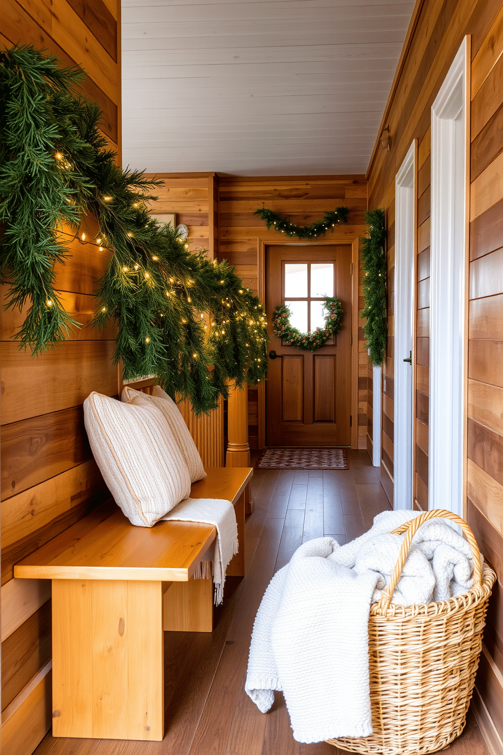 A cozy winter hallway featuring natural wood elements that exude rustic charm. The walls are adorned with reclaimed wood paneling, and a warm-toned wooden bench sits against one side, topped with soft, textured cushions. Pine garlands drape elegantly along the banister, complemented by twinkling fairy lights. A woven basket filled with cozy blankets rests on the floor, inviting warmth and comfort during the chilly season.