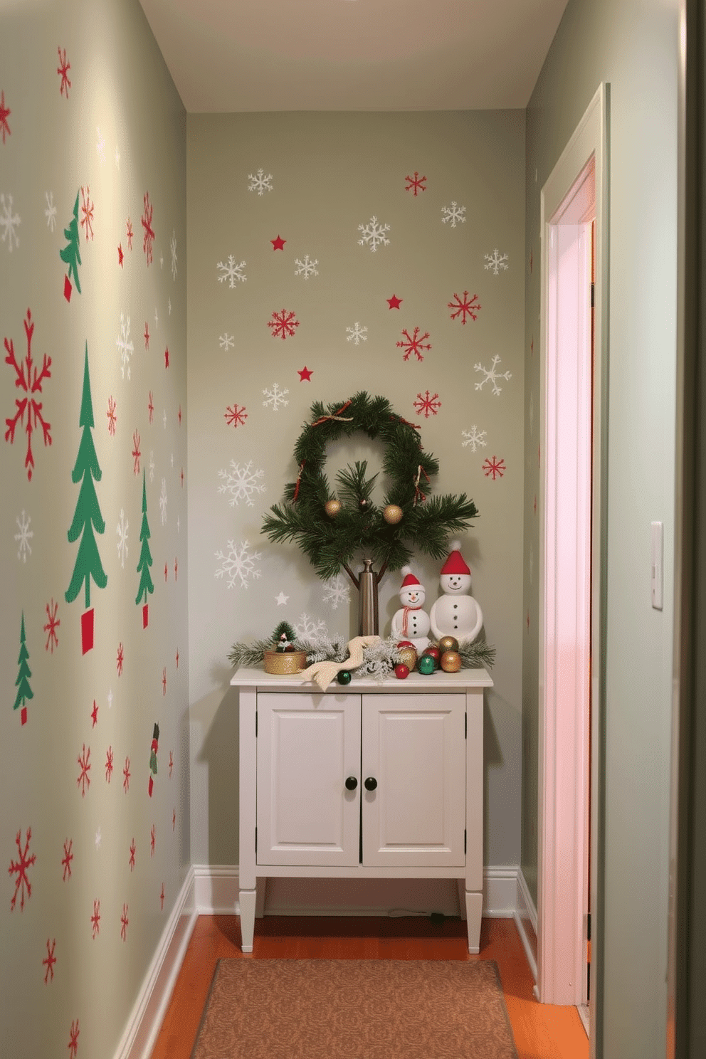 Colorful winter-themed wall decals adorn the hallway, creating a festive and cheerful atmosphere. The decals feature playful snowflakes, pine trees, and whimsical snowmen in vibrant colors, perfect for brightening up the space during the winter months. The hallway is enhanced with soft, cozy lighting that complements the winter theme. A small console table is decorated with seasonal accents like a frosted pine garland and a collection of colorful ornaments.