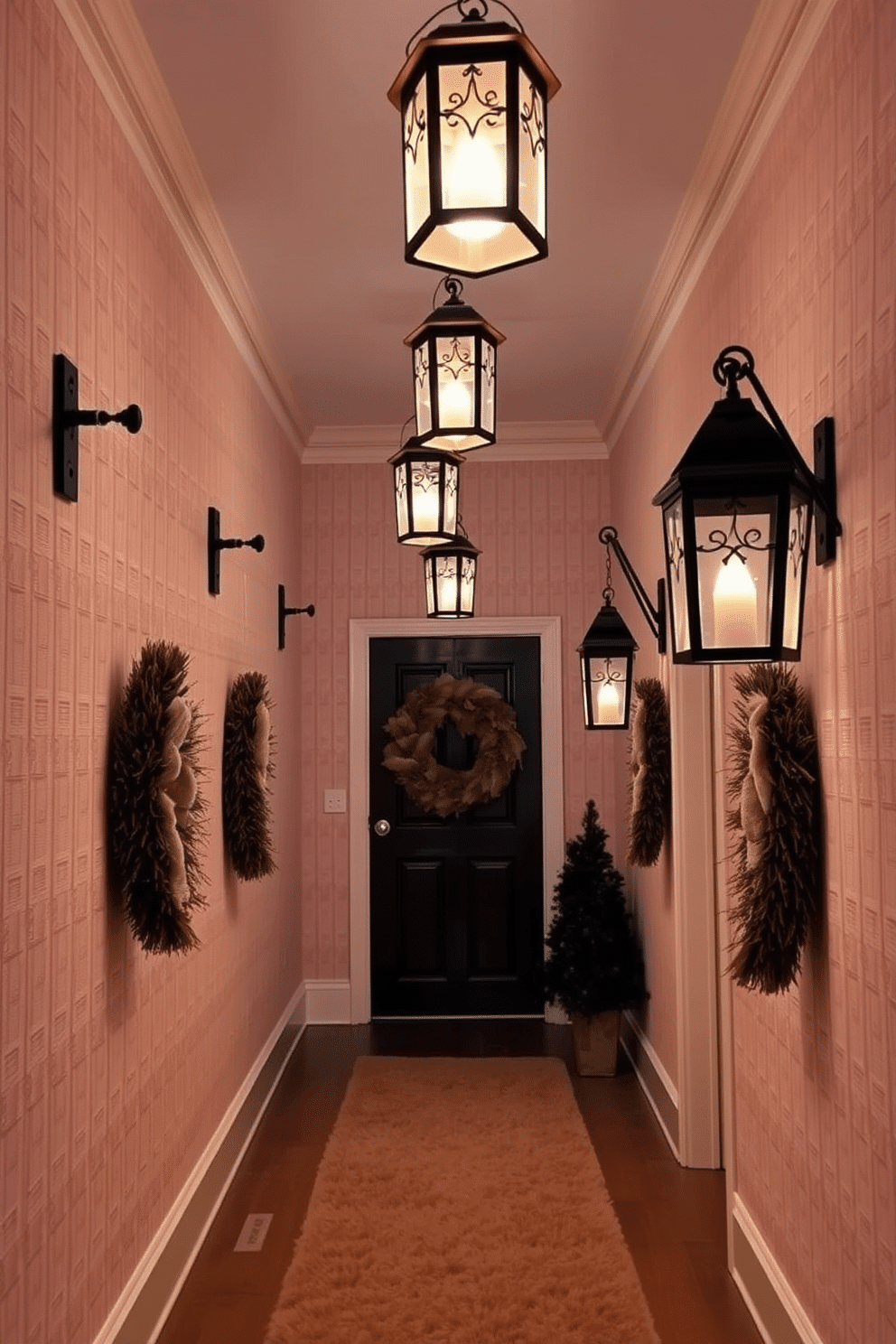 A cozy winter hallway adorned with hanging lanterns that cast a warm and inviting glow. The walls are lined with soft, textured wallpaper in a neutral tone, and a plush runner rug adds comfort underfoot.