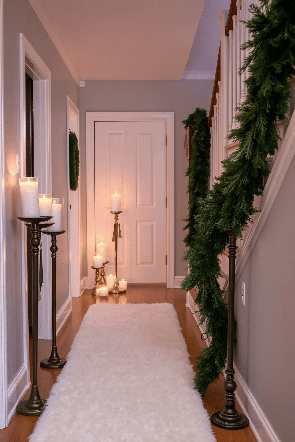 A cozy winter hallway adorned with seasonal scents from beautifully arranged scented candles. The walls are painted in a soft gray, and the floor is covered with a plush white runner to enhance warmth and comfort. Elegant candle holders in varying heights display an array of fragrant candles, creating a welcoming ambiance. Evergreen garlands drape along the staircase railing, adding a touch of nature and holiday spirit to the space.