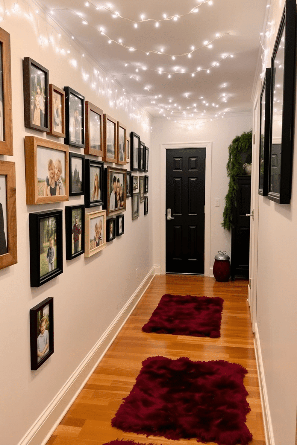 A gallery wall adorned with family winter photos creates a warm and inviting atmosphere. The frames are a mix of rustic wood and sleek black, arranged in a cohesive yet eclectic layout. The hallway is decorated with soft white lights that twinkle above, enhancing the winter theme. Plush runners in deep red and green tones add a cozy touch to the hardwood floor.