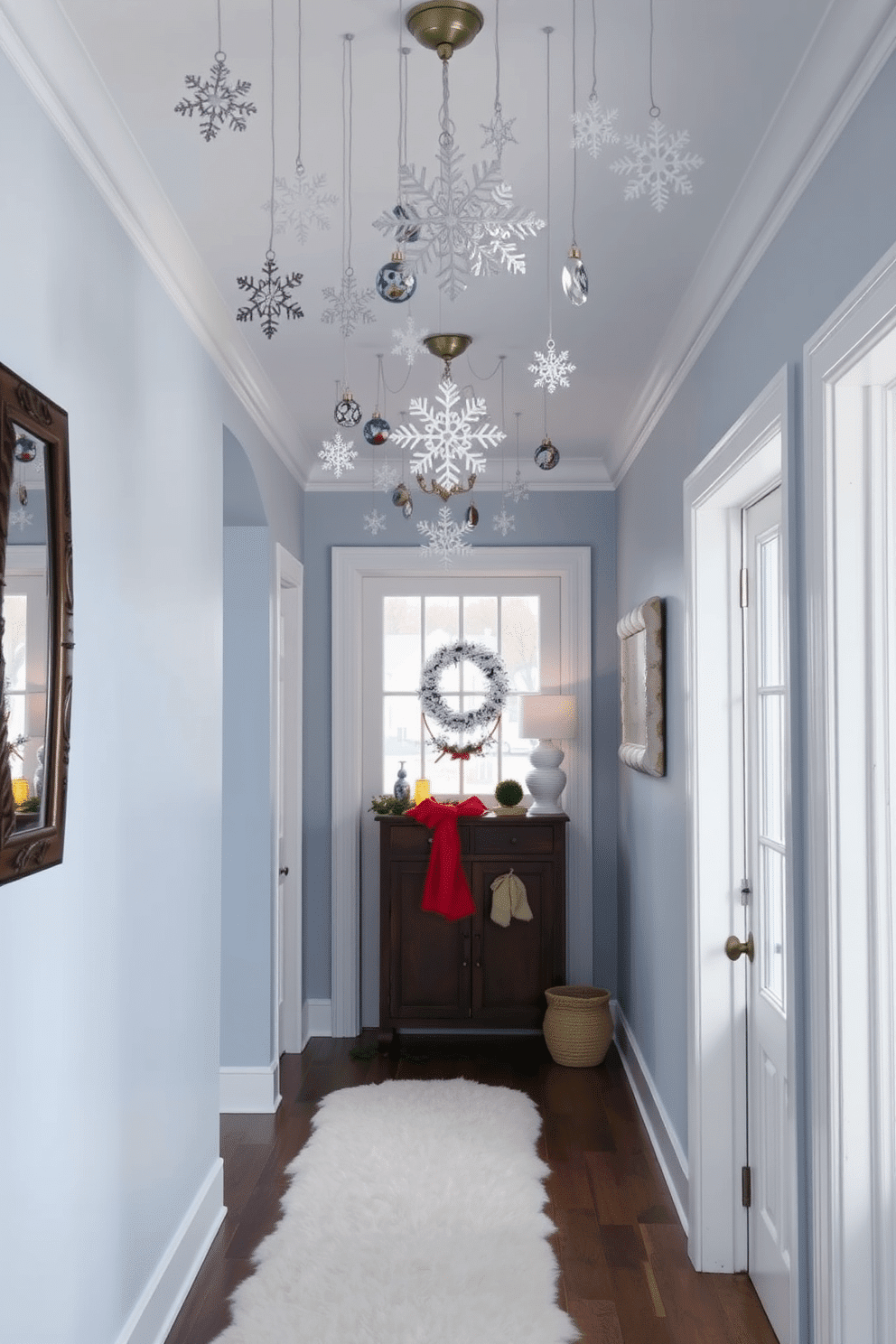 A charming winter hallway adorned with snowflake ornaments gracefully hanging from the ceiling. The walls are painted in a soft icy blue, complemented by a plush white runner on the floor that invites warmth and comfort.