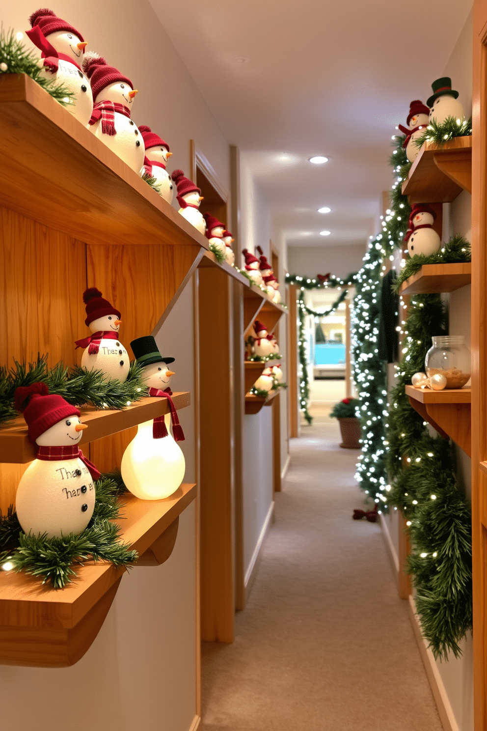 Charming snowman figurines are displayed on wooden shelves in a cozy winter hallway. The shelves are adorned with soft white lights and seasonal greenery, creating a warm and inviting atmosphere.