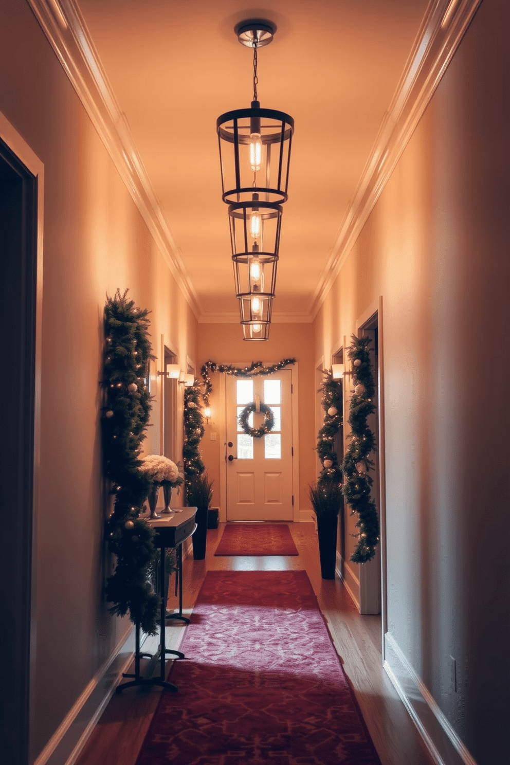 Warm lighting fills the hallway, creating a cozy and inviting atmosphere. Stylish fixtures with a modern design hang from the ceiling, casting a soft glow on the surrounding walls. The hallway is adorned with seasonal winter decorations, featuring elegant garlands and subtle accents. A plush runner rug in rich colors adds warmth underfoot, enhancing the overall charm of the space.