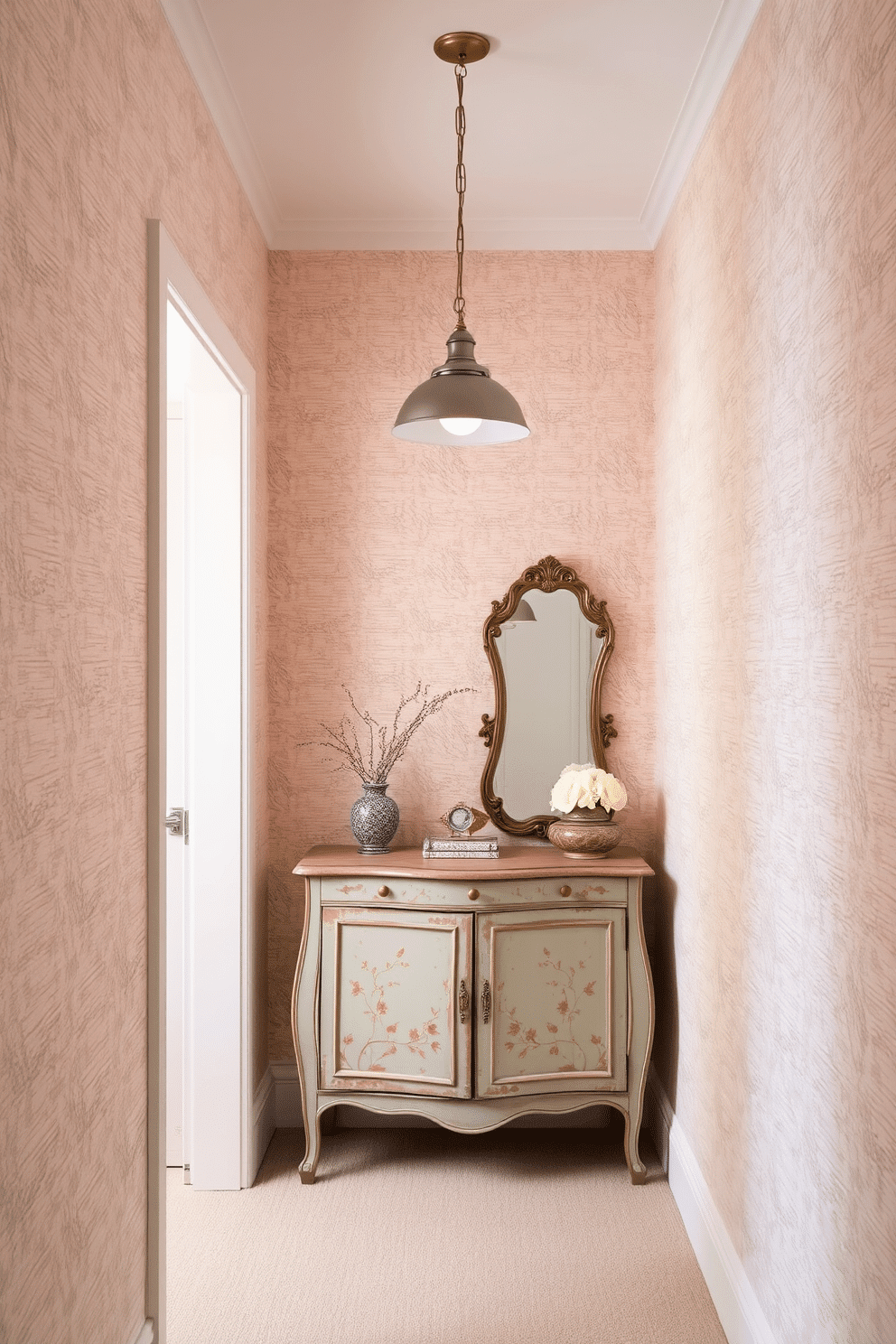 Textured wallpaper in soft neutral tones creates a cozy ambiance in the hallway. The walls are adorned with a subtle floral pattern that adds warmth and character to the space. A vintage console table sits against the wall, topped with a decorative mirror and a few carefully chosen accessories. Soft lighting from a stylish pendant fixture illuminates the hallway, enhancing the inviting atmosphere.