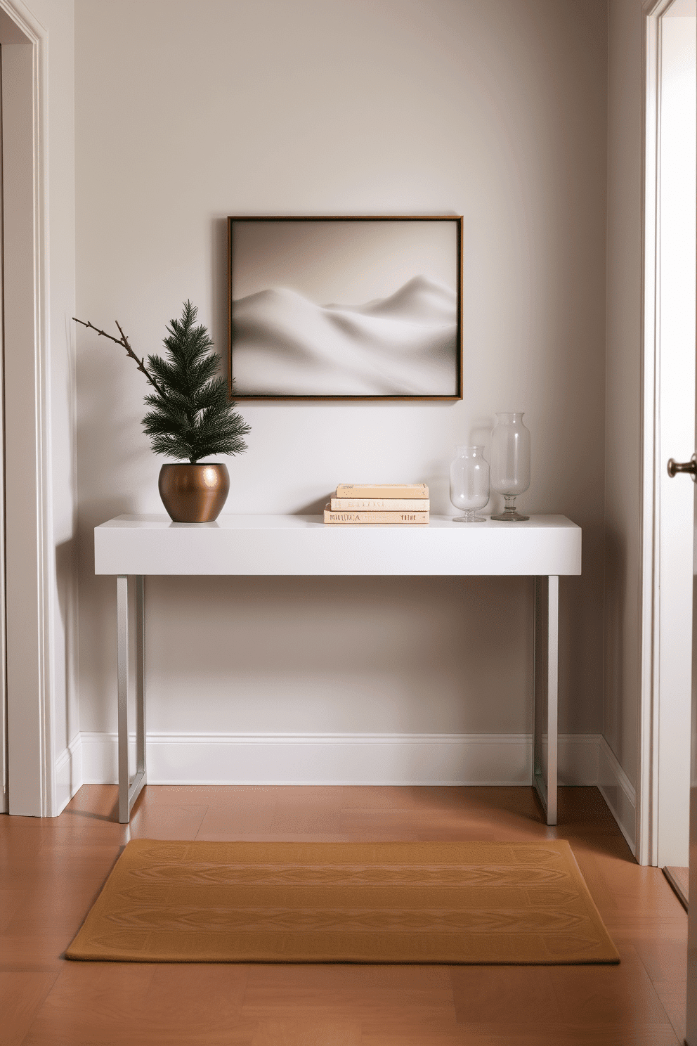 A sleek console table is positioned against the wall in a winter-themed hallway. The table features a minimalist design with a glossy finish and is adorned with a few decorative items such as a small potted evergreen and a stack of neutral-toned books. The hallway is illuminated by soft lighting that creates a warm ambiance. Frosted glass accents and a cozy runner rug in muted colors complement the console table, enhancing the overall functional style of the space.