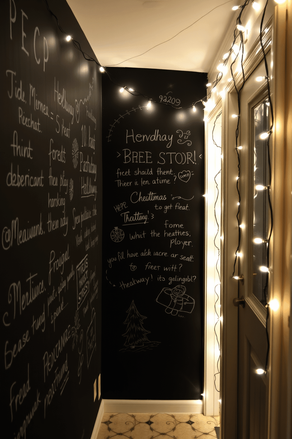 A cozy winter hallway features a chalkboard wall adorned with handwritten seasonal messages and festive drawings. Soft white string lights illuminate the space, creating a warm and inviting atmosphere.