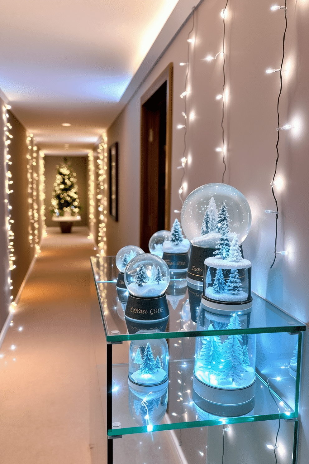 Artistic snow globes of various sizes are elegantly arranged on a sleek glass shelf, showcasing intricate winter scenes within each globe. The hallway is adorned with soft white fairy lights that twinkle gently, enhancing the cozy atmosphere and inviting warmth during the chilly season.