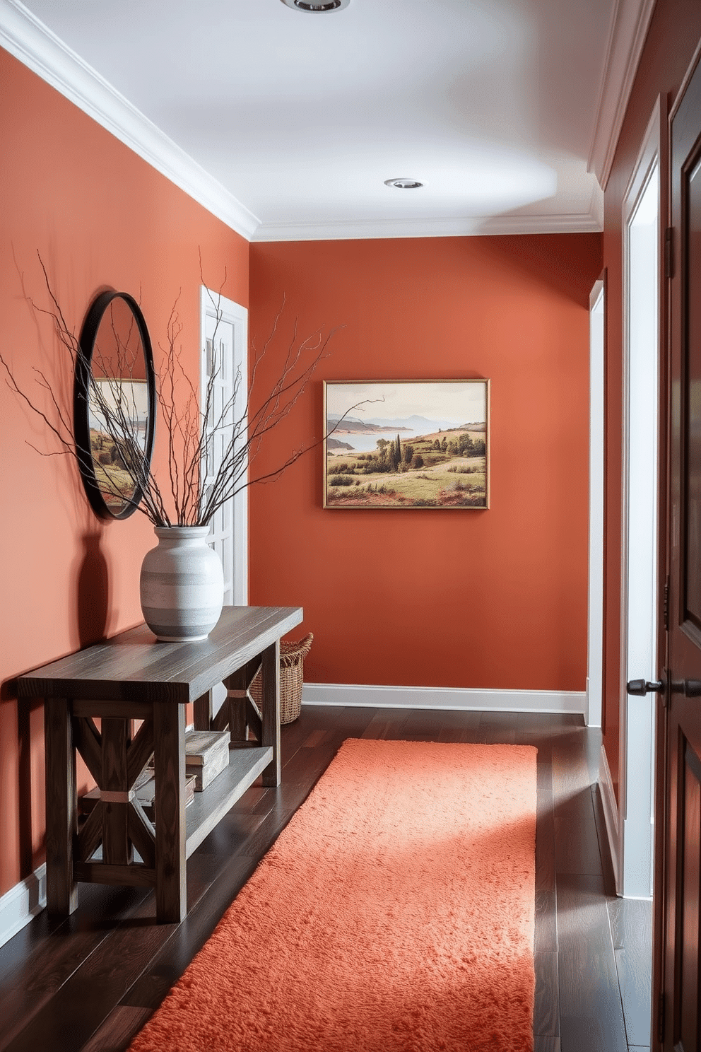 A cozy winter hallway adorned with a warm color palette featuring rich earth tones. The walls are painted in a soft terracotta hue, complemented by a plush runner rug in deep rust tones. Decorative elements include a rustic wooden console table topped with a ceramic vase filled with dried branches. On the opposite wall, a series of framed landscape art pieces in warm browns and greens create a welcoming atmosphere.