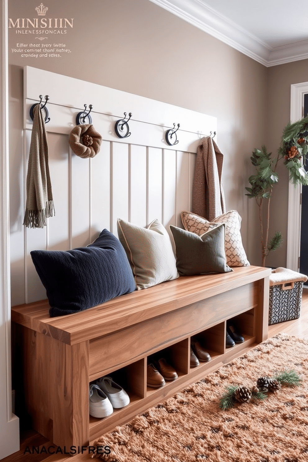 A stylish shoe storage solution features a sleek wooden bench with built-in cubbies for shoes underneath. The bench is adorned with plush cushions and surrounded by decorative hooks for hanging winter coats and scarves. Winter hallway decorating ideas include a warm color palette with soft lighting to create an inviting atmosphere. A statement rug in rich textures adds warmth, while seasonal decor like pinecones and evergreen branches enhance the festive feel.