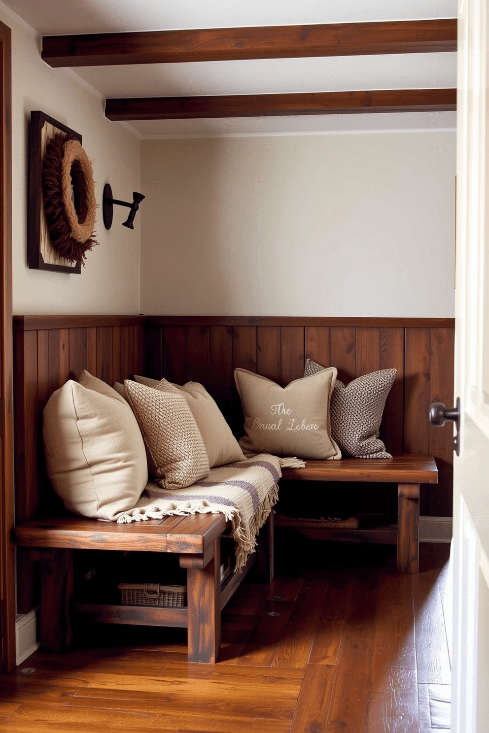 A cozy winter hallway features rustic wooden benches that provide ample seating. The benches are adorned with soft, warm blankets and decorative pillows in muted earth tones.