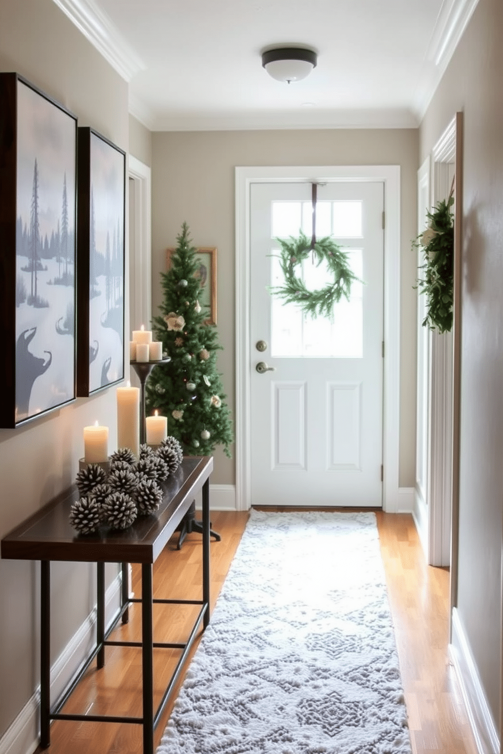 A cozy hallway decorated for winter. The walls are adorned with seasonal artwork depicting serene winter landscapes, and a plush runner rug in soft gray leads the way. On a console table, a collection of frosted pinecones and candles create a warm ambiance. A wreath made of evergreen branches hangs on the door, welcoming guests with a festive touch.