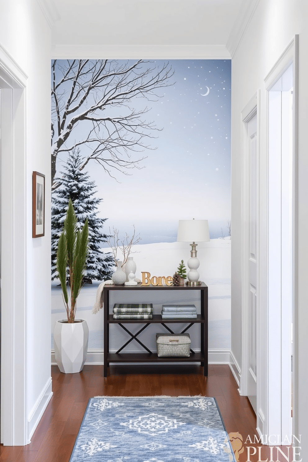 Accent wall with winter-themed mural. The mural depicts a serene snowy landscape with evergreen trees and a gentle snowfall. The walls of the hallway are painted in a soft white to complement the mural. Decorative elements include a console table adorned with winter-themed decor and a cozy runner rug in shades of blue and gray.