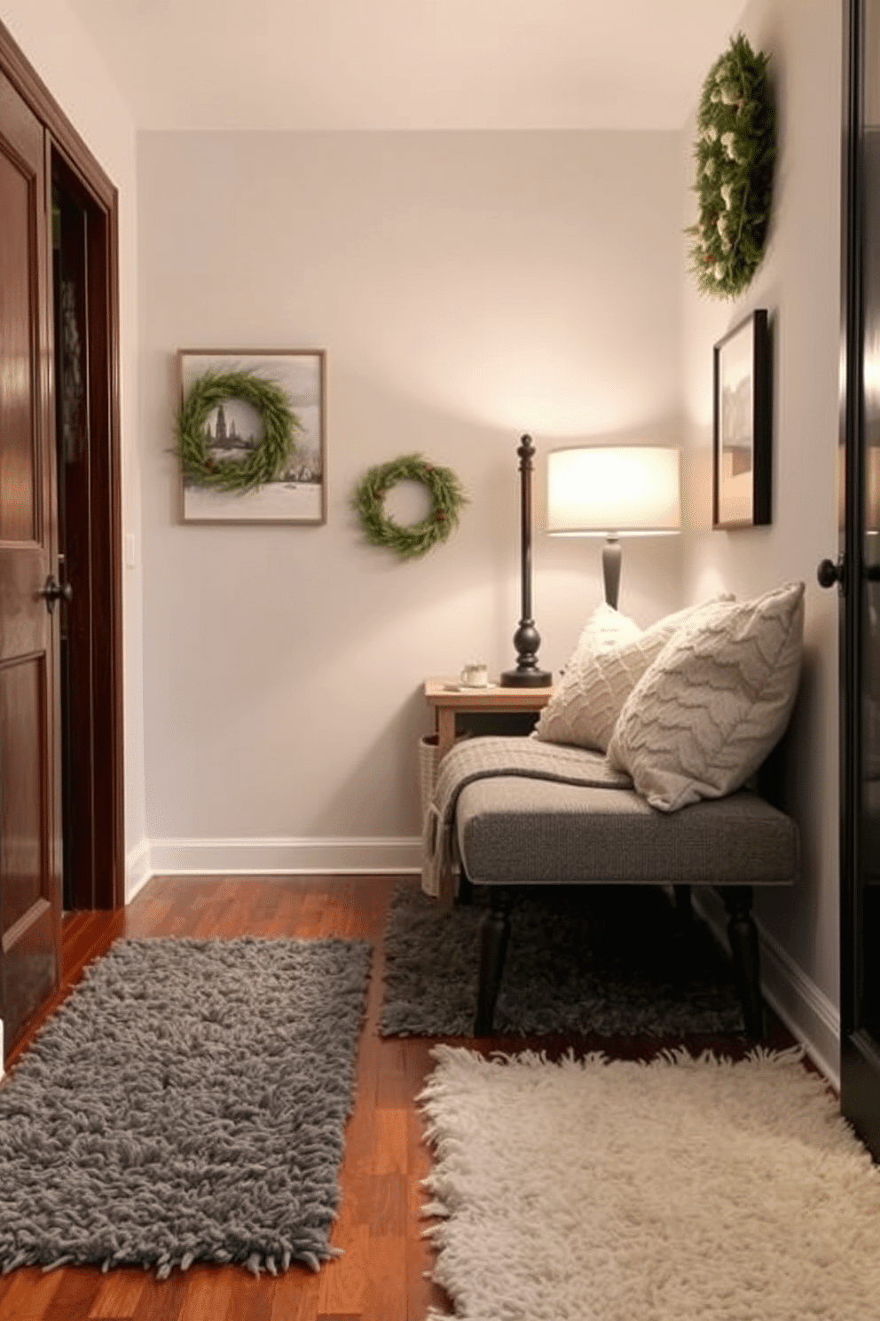 Textured rugs in various shades of gray and cream are layered on a polished hardwood floor, creating a cozy atmosphere in the winter hallway. Soft, plush materials invite guests to remove their shoes, while a few strategically placed cushions on a nearby bench enhance the inviting feel of the space. Winter-themed decorations adorn the walls, featuring subtle artwork of snowy landscapes and seasonal wreaths made of evergreen branches. A warm, ambient light from a vintage-style lamp casts a glow, highlighting the beauty of the hallway and making it a welcoming entry point to the home.