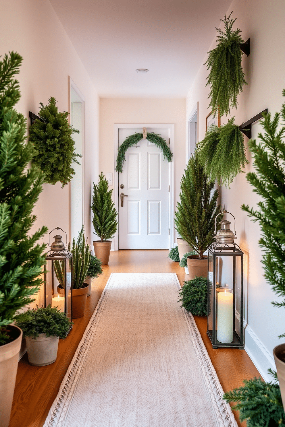 A cozy winter hallway adorned with potted evergreen plants that bring a touch of nature indoors. The floor is covered with a soft, textured runner rug that complements the greenery, creating a warm and inviting atmosphere. The walls are painted in a soft neutral tone, allowing the vibrant green of the plants to stand out. Decorative lanterns with flickering candles are placed on either side of the hallway, adding a magical glow to the space.