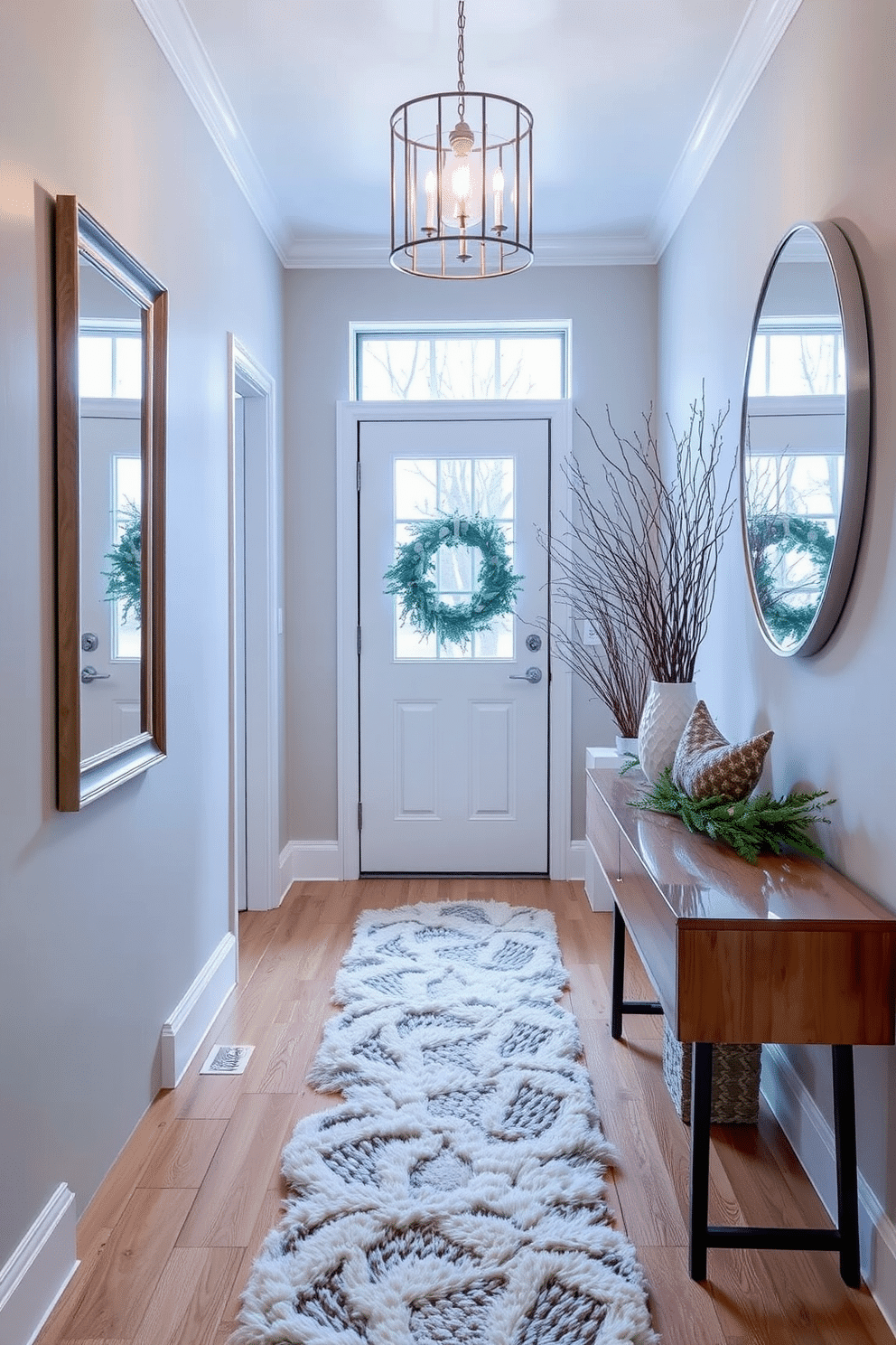 Create a cozy winter hallway that maximizes natural light. Incorporate large mirrors on one wall to reflect light and create an illusion of space. Use soft, neutral colors for the walls to create a warm atmosphere. Add decorative elements like a plush runner and seasonal greenery to enhance the winter theme.