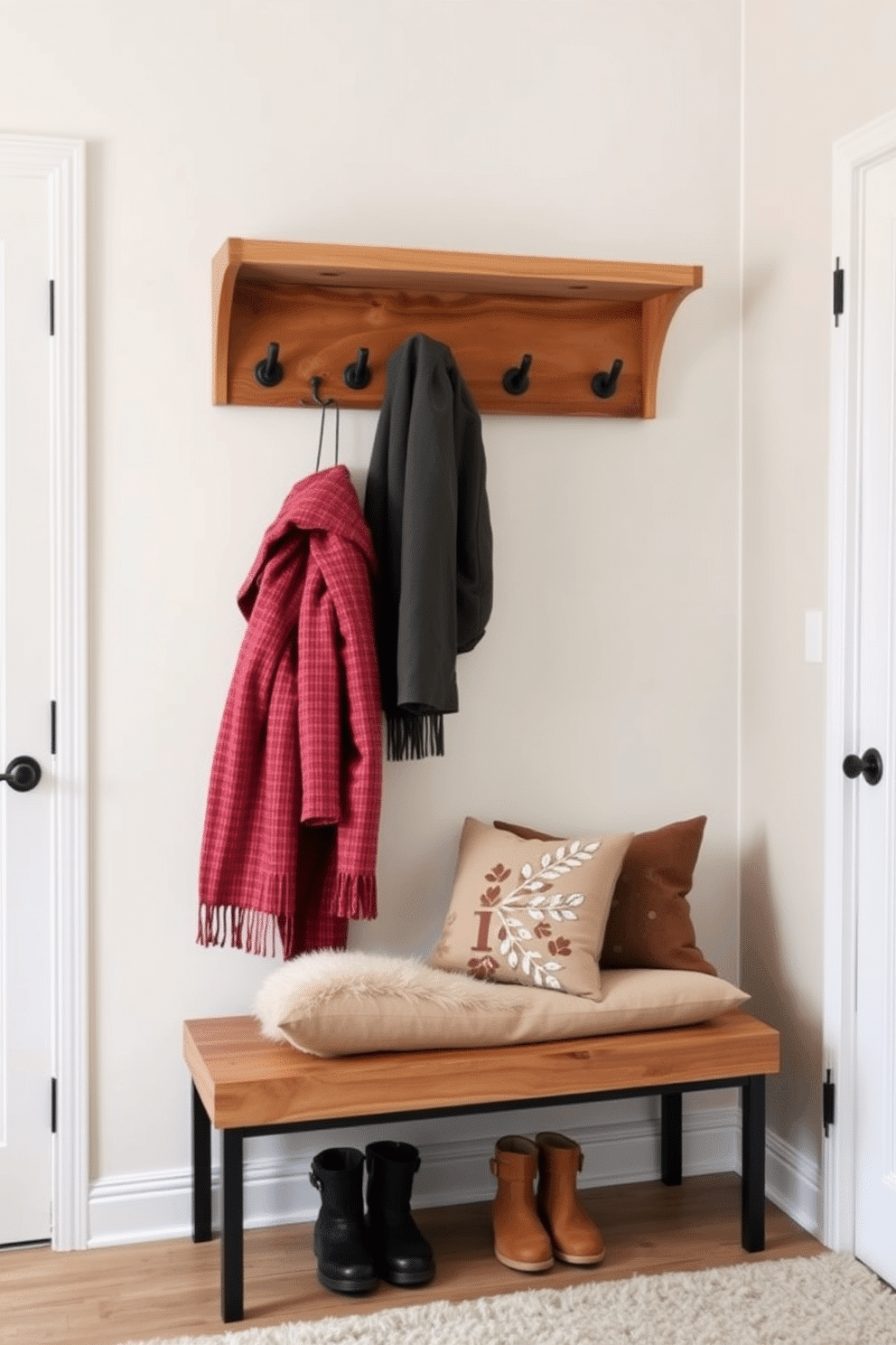 A stylish winter hallway features a wall-mounted coat rack made of natural wood, providing a warm and inviting touch. Below the rack, a cozy bench with plush cushions offers a perfect spot for putting on or taking off shoes, enhancing the functionality of the space.