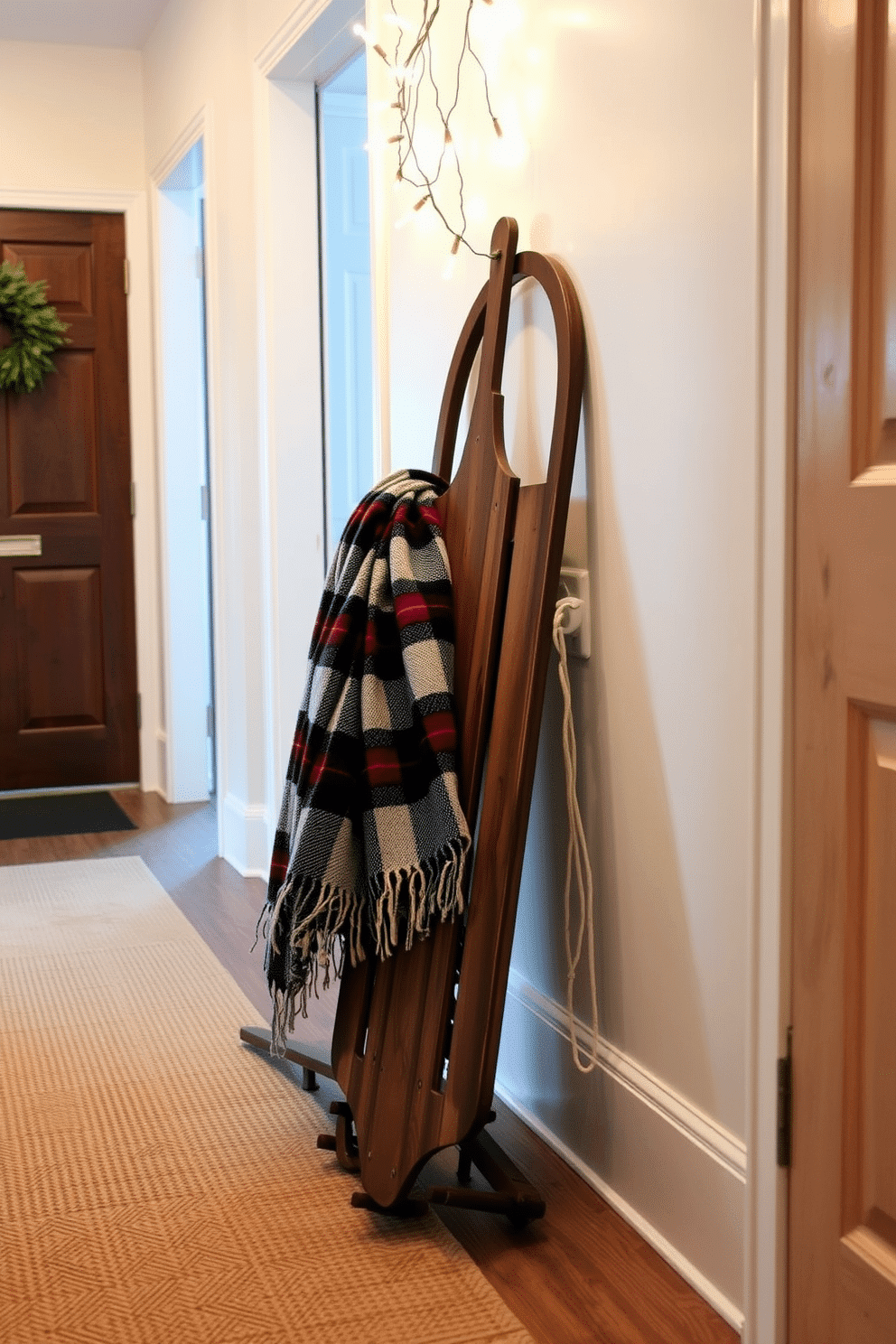 A vintage sled leans against the wall in a cozy winter hallway, adorned with a soft plaid blanket draped over it. The floor is covered with a warm, textured runner that complements the rustic charm of the sled, while twinkling fairy lights hang above to create a festive ambiance.