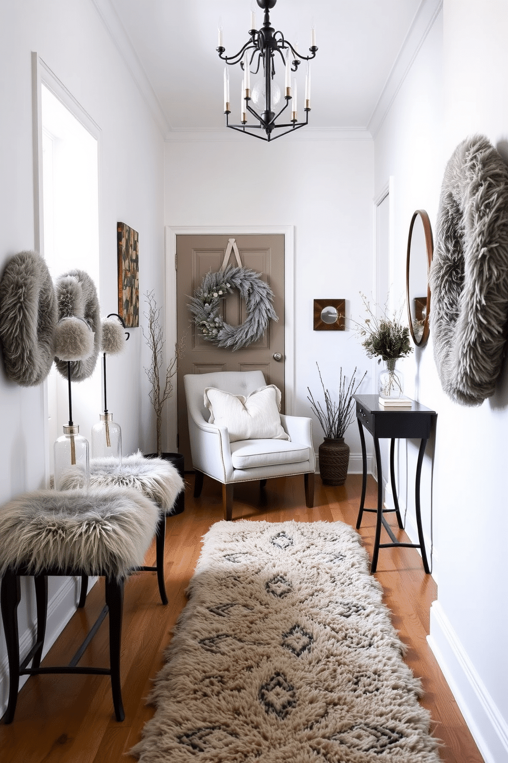 A cozy winter hallway featuring furniture with faux fur accents. The walls are painted in a soft white, and a plush runner rug adds warmth to the space.