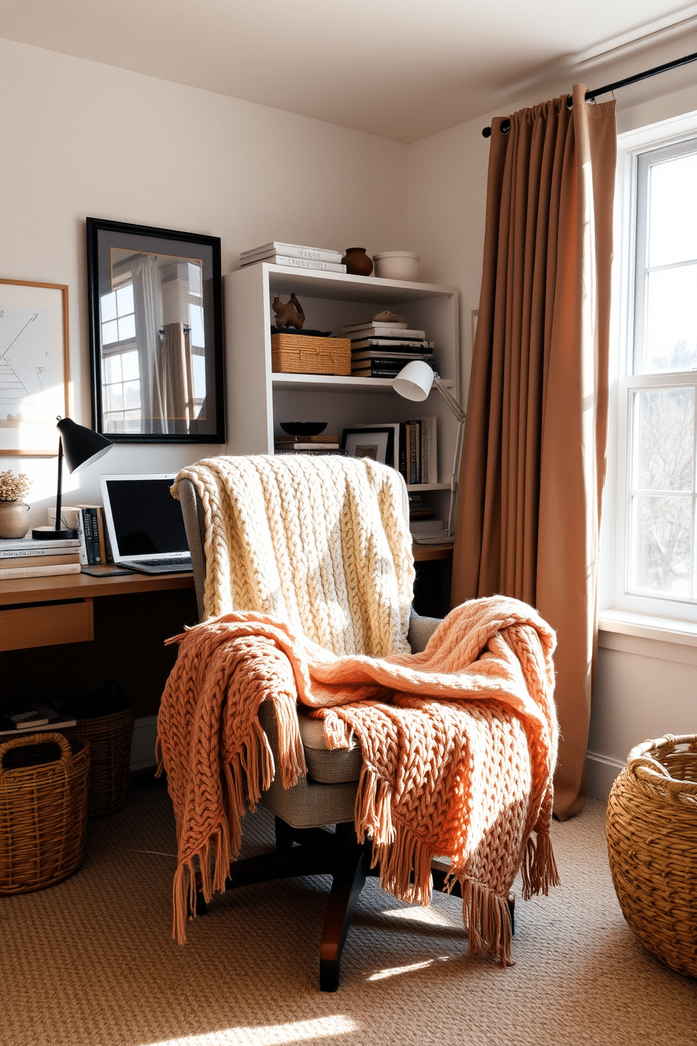 A cozy winter home office features a comfortable chair adorned with soft knit blankets in warm tones. The space is illuminated by natural light streaming through a large window, creating an inviting atmosphere for productivity.