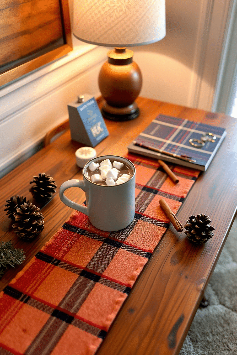 A cozy hot cocoa station is set up on a rustic wooden desk adorned with a warm plaid table runner. A stylish ceramic mug filled with rich hot cocoa sits beside a small pot of marshmallows and a sprinkle of cinnamon. The desk is surrounded by soft, ambient lighting from a nearby lamp, creating a welcoming atmosphere. A few pinecones and evergreen sprigs are scattered around, adding a touch of winter charm to the home office decor.