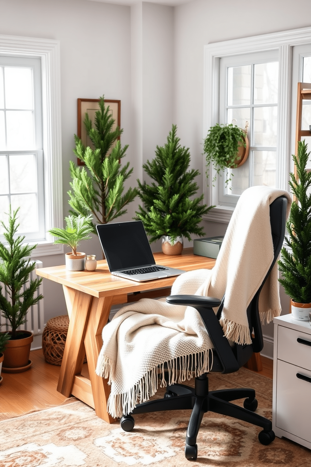 A cozy winter home office setting filled with natural light. Potted evergreen plants are strategically placed around the room, adding a touch of greenery and freshness. The desk is made of reclaimed wood, paired with a comfortable ergonomic chair. A soft throw blanket drapes over the chair, and a warm rug lies underfoot, creating an inviting atmosphere.