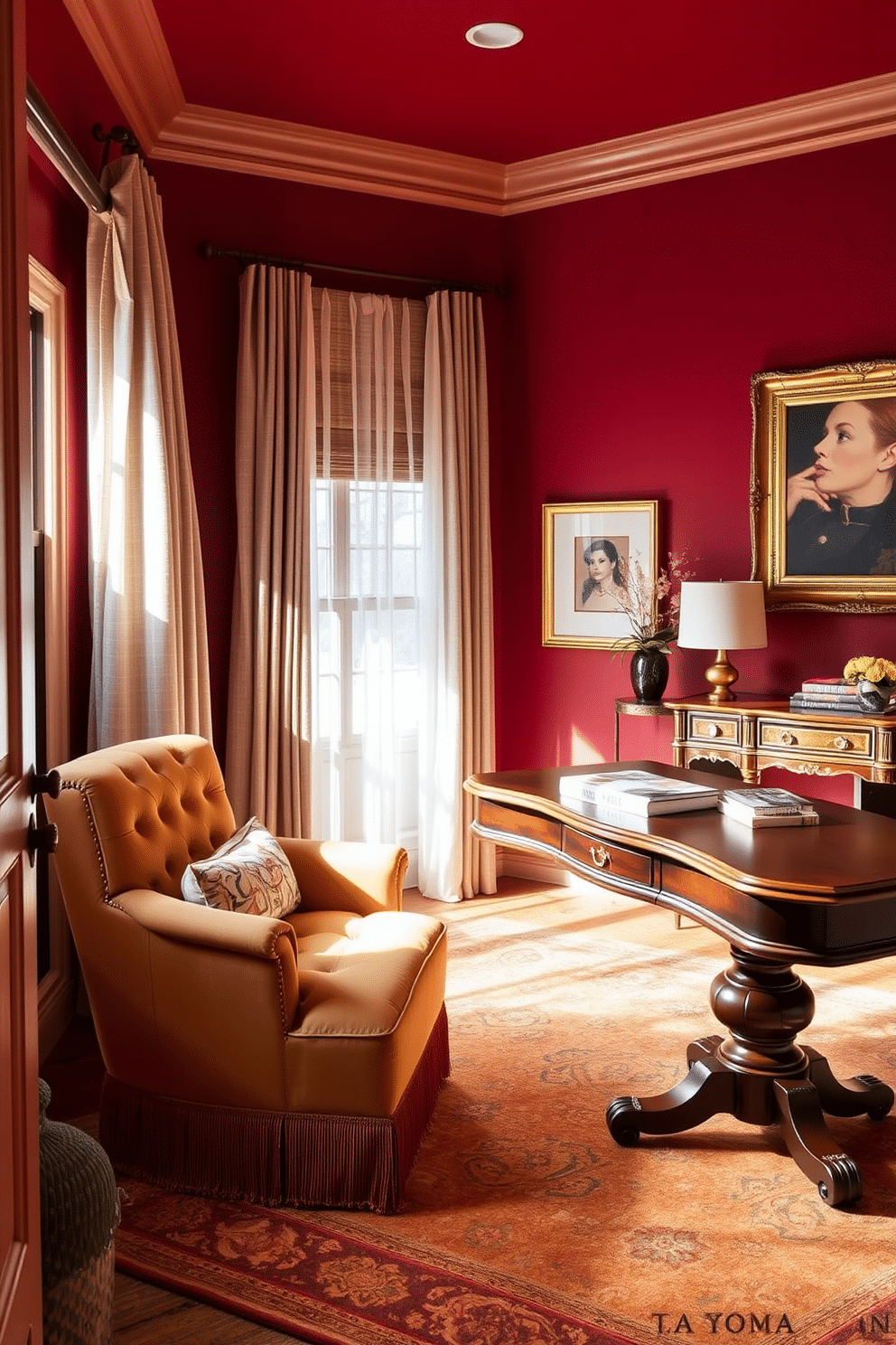 A cozy winter home office featuring a warm color palette dominated by rich reds and soft golds. The walls are adorned with deep red paint, while the furnishings include a plush gold accent chair and a large wooden desk with intricate detailing. A stylish area rug in warm tones anchors the space, complemented by a gold-framed art piece above the desk. Natural light filters through sheer curtains, enhancing the inviting atmosphere of this winter retreat.