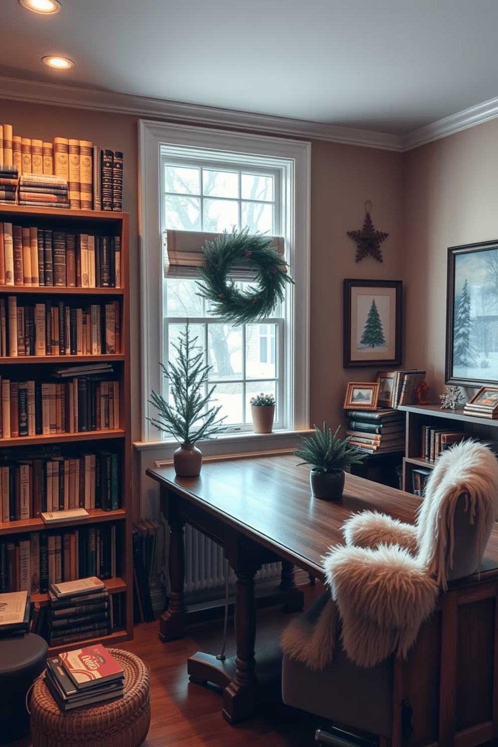 A cozy home office filled with vintage winter books arranged neatly on wooden shelves. The space features a warm color palette with soft lighting, creating an inviting atmosphere for reading and work. A rustic wooden desk sits in front of a window, adorned with a plush chair and a small potted evergreen. Decorative winter-themed artwork hangs on the walls, enhancing the seasonal charm of the office.