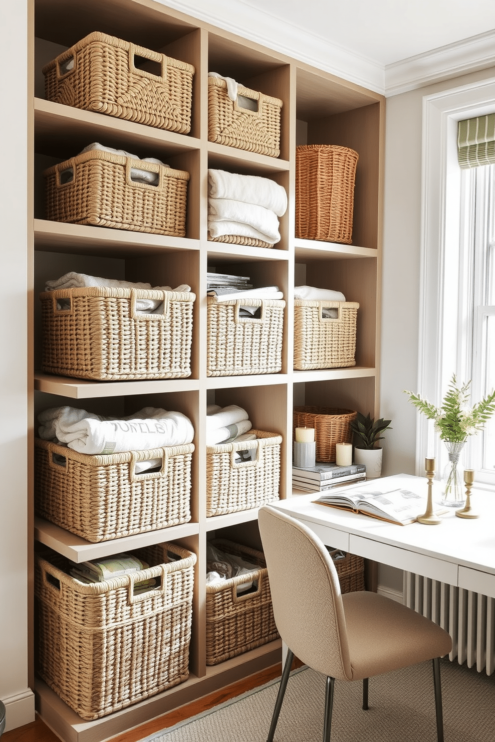 Stylish storage baskets made of natural fibers are arranged neatly on open shelves, adding both functionality and warmth to the space. Each basket is filled with cozy blankets and magazines, creating an inviting atmosphere perfect for winter. The home office features a sleek desk positioned near a window, allowing natural light to flood the room. Soft, neutral tones dominate the decor, complemented by a few decorative items like candles and a small potted plant for a touch of greenery.