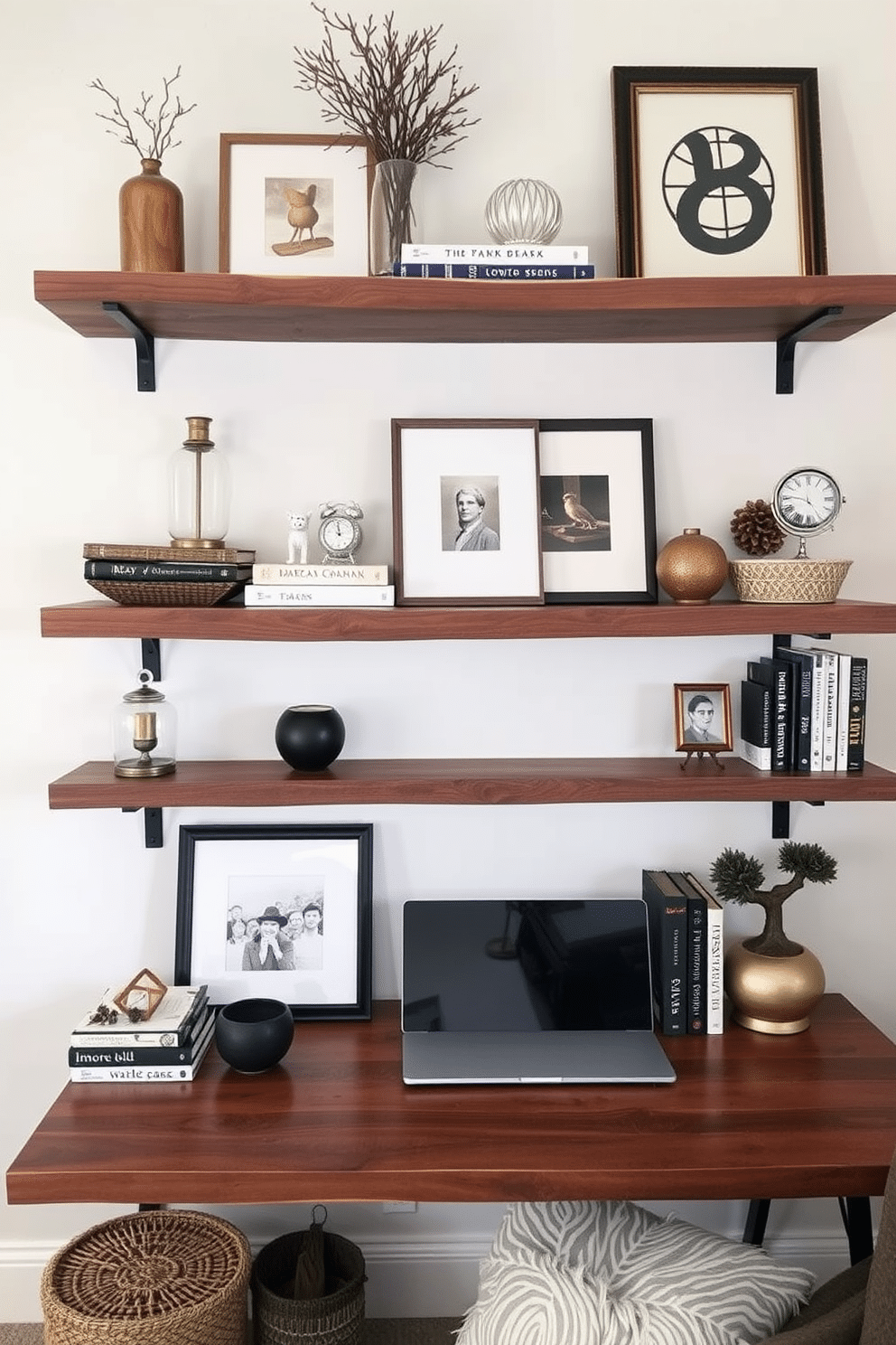 A cozy winter home office features wall-mounted shelves adorned with decorative items and books. The shelves are made of reclaimed wood, adding warmth to the space, while soft, ambient lighting highlights the displayed pieces.