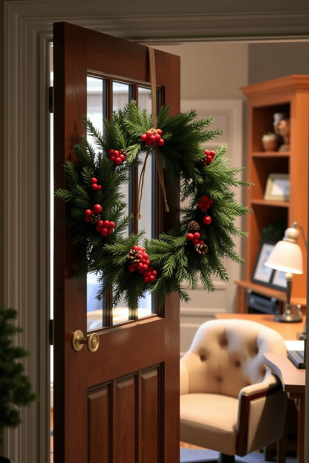 A seasonal wreath adorns the office door, crafted from evergreen branches and accented with red berries and pine cones. Inside, the home office features a cozy desk with a warm wood finish, complemented by a plush chair and soft lighting that creates an inviting atmosphere.