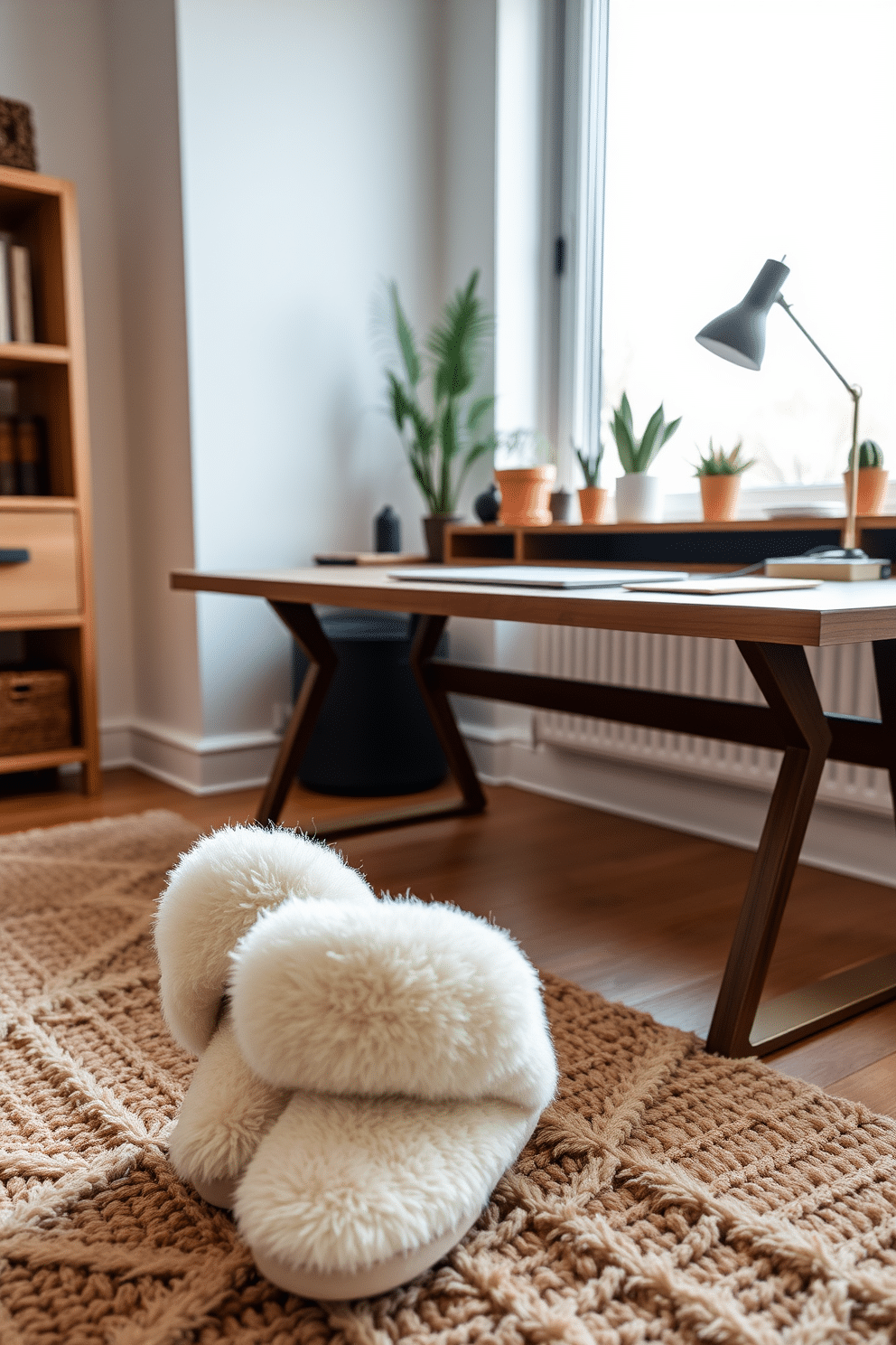 A cozy winter home office setting. Soft, plush slippers rest on a warm, textured rug beside a sleek wooden desk. The desk is adorned with a stylish lamp and a few potted plants. A large window lets in natural light, illuminating the inviting atmosphere of the room.