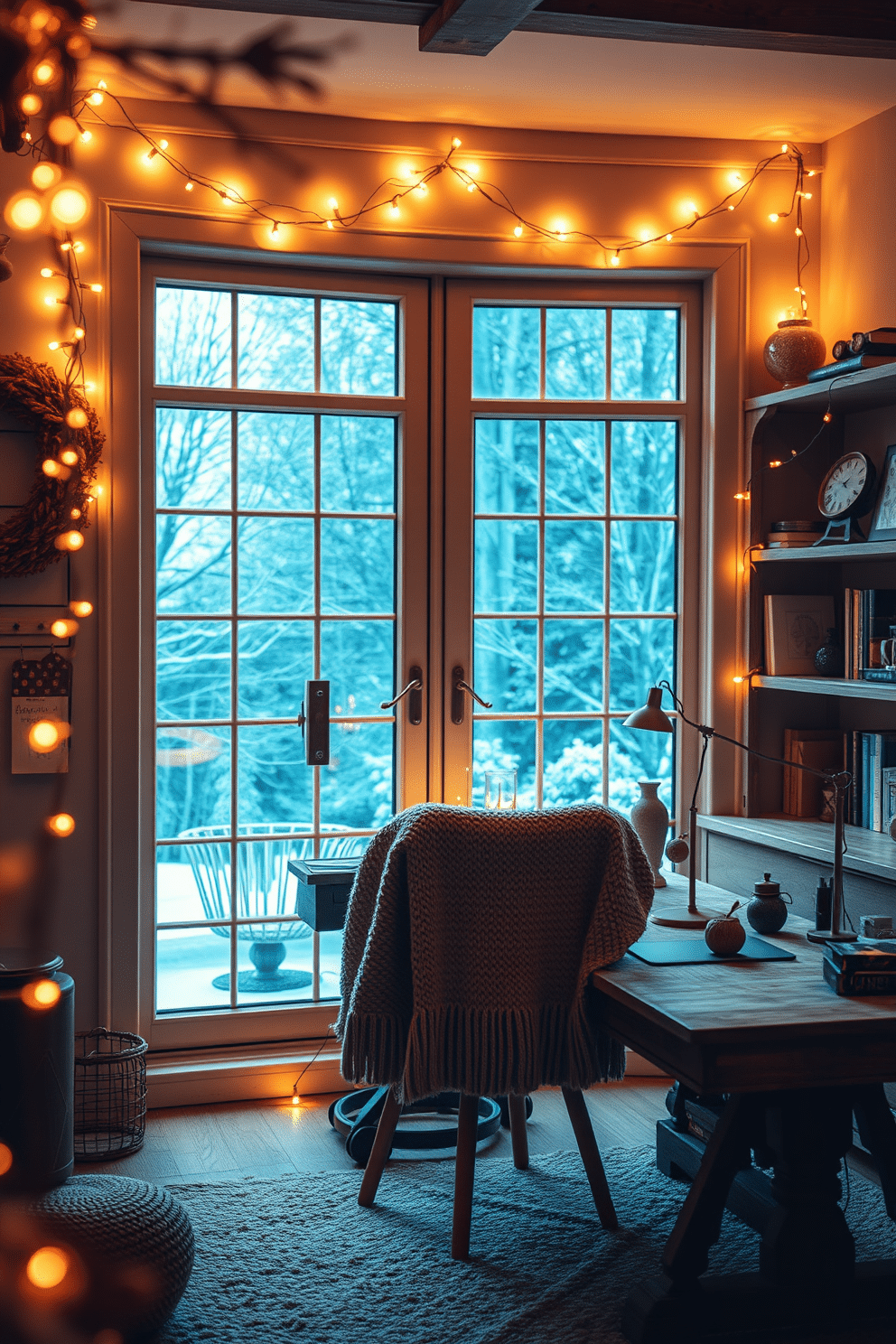 A cozy winter home office filled with warm lighting. Soft fairy lights are draped across the windows, creating a magical ambiance. A rustic wooden desk sits in front of a large window, adorned with a plush chair and a knitted throw. Shelves filled with books and decorative items line the walls, enhancing the inviting atmosphere.